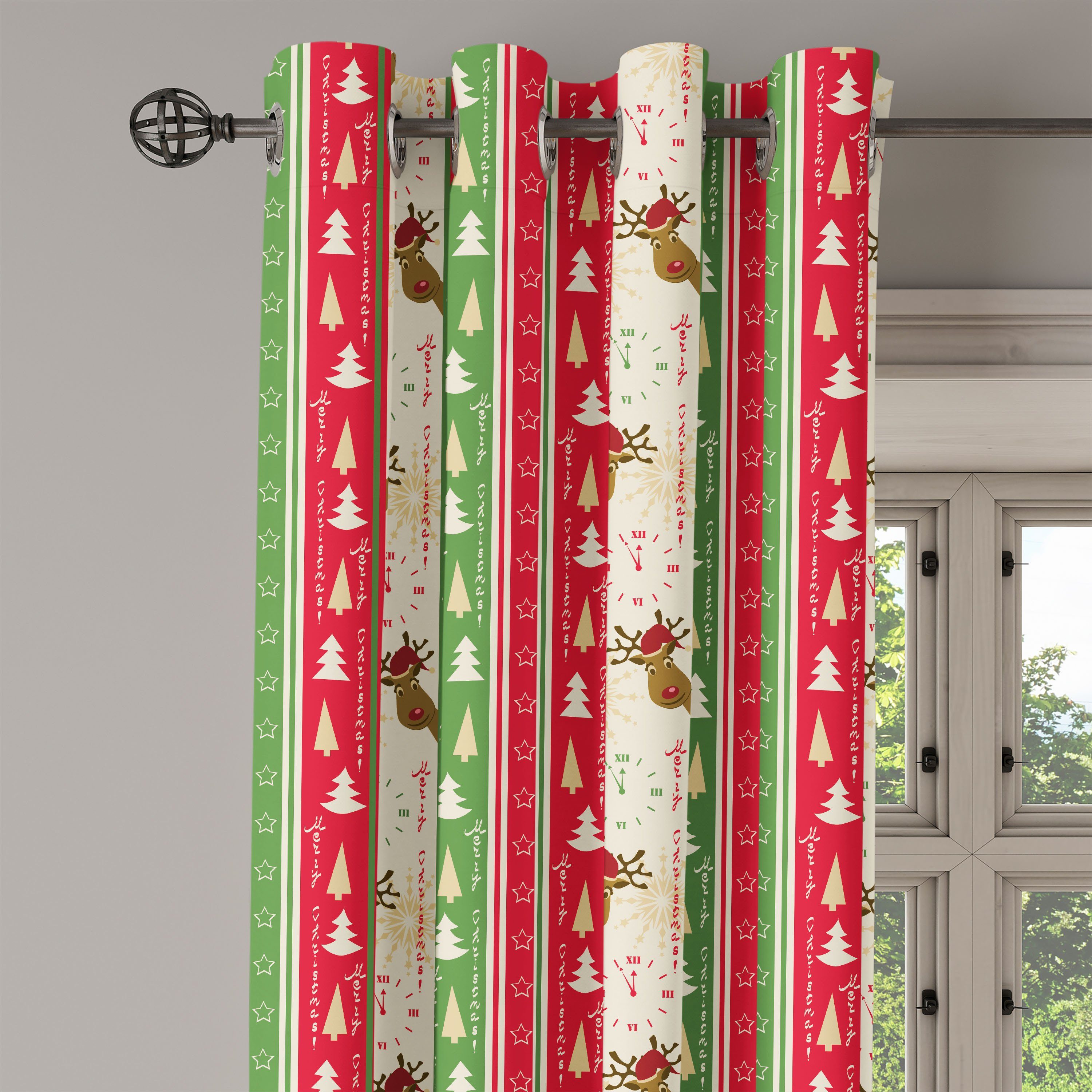 für Dekorative Weihnachten 2-Panel-Fenstervorhänge Borders Pines Abakuhaus, Schlafzimmer Wohnzimmer, Gardine Deer
