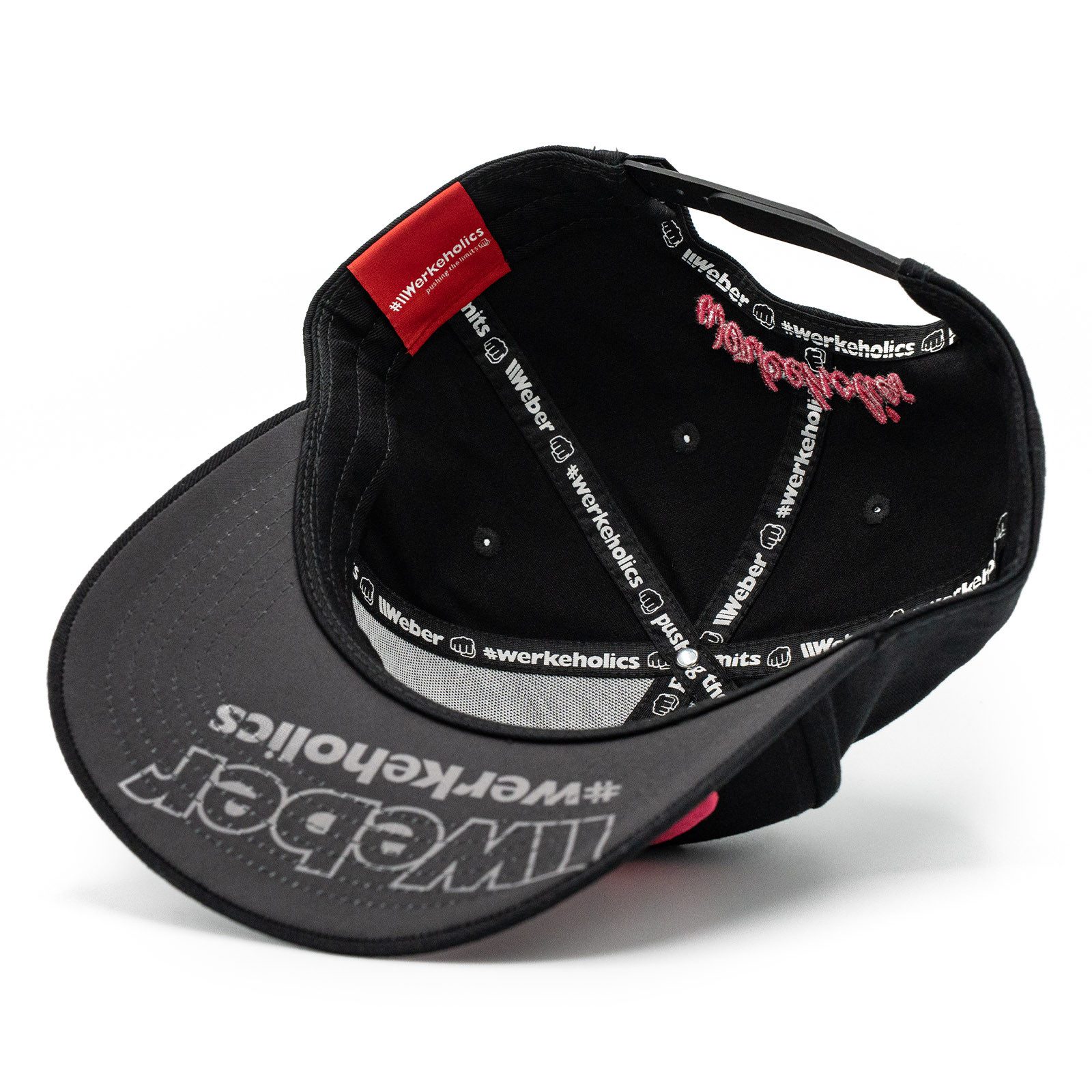 Weber GmbH Baseball Cap Weber #Werkeholics Baseball Cap schwarz/pink (1-St) basecap, mit bedrucktem Unterschirm