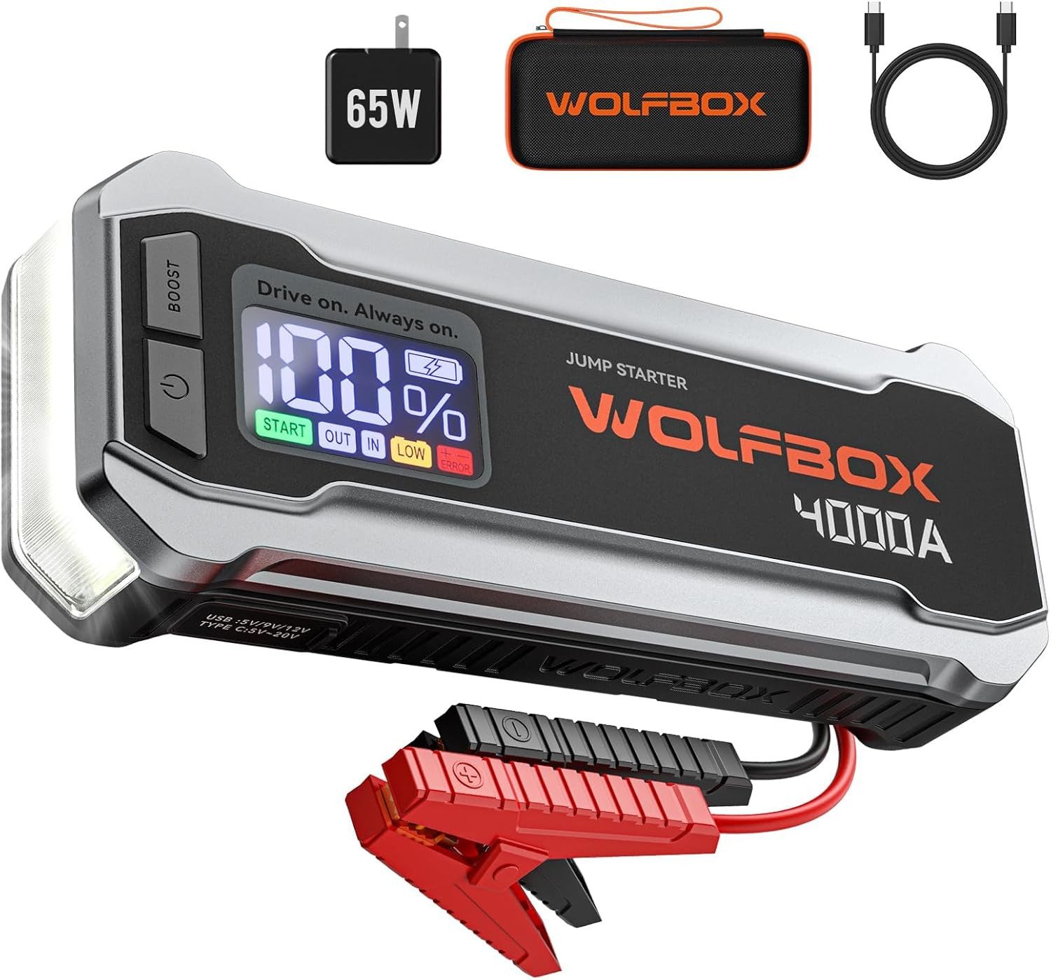 WOLFBOX 2000/4000 A Starthilfe, 12 V Auto Starthilfe mit LED Taschenlampe Starthilfegerät (12 V, 1 St), mit hochauflösendem LCD-Bildschirm