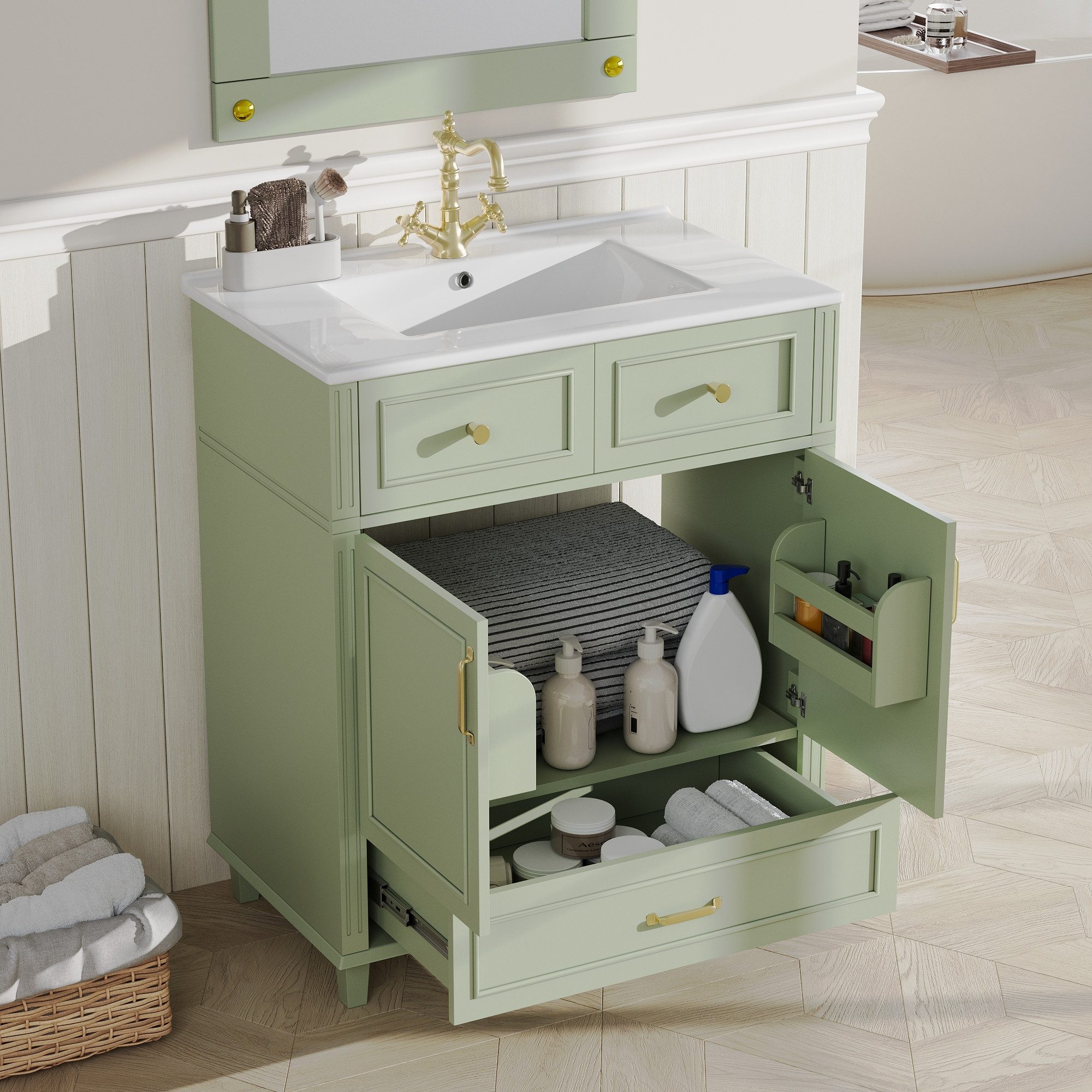 Odikalo Waschtisch Waschbeckenunterschrank Badmöbel mit Stauraum (Weiß Badezimmerunterschrank 81x46,5cm mit Keramikbecken 1 Schublade + 1 Tür mit Soft-Close Freistehendes Modernes Waschtischunterschrank mit Geriffeltem Design)