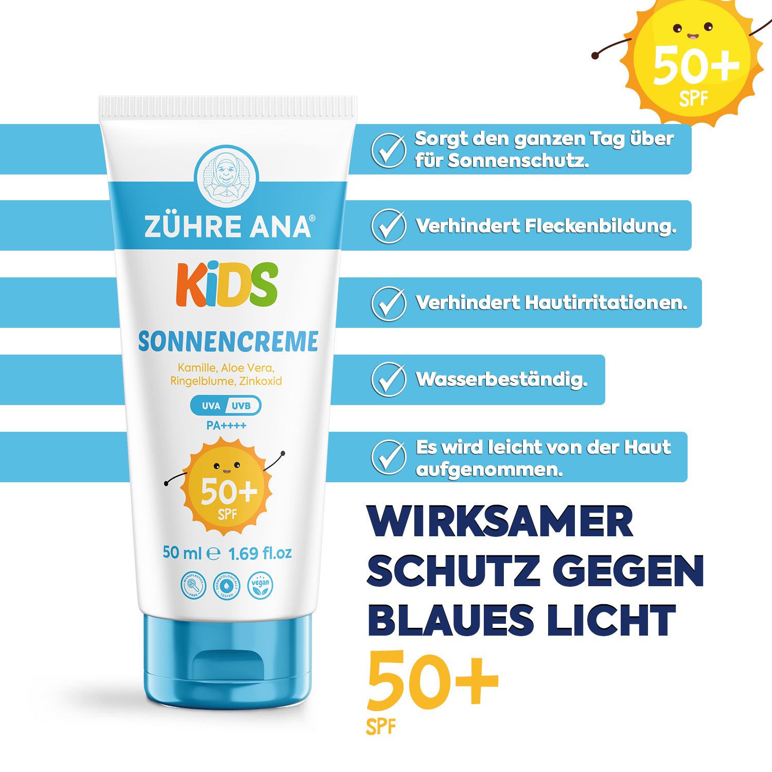 Zühre Ana® Sonnenschutzcreme Kinder Sonnencreme SPF 50+ – Zuverlässiger UVA/UVB-Schutz, Sonnenschutz für Kinder – SPF 50+ UVA/UVB – Sanft zur Haut