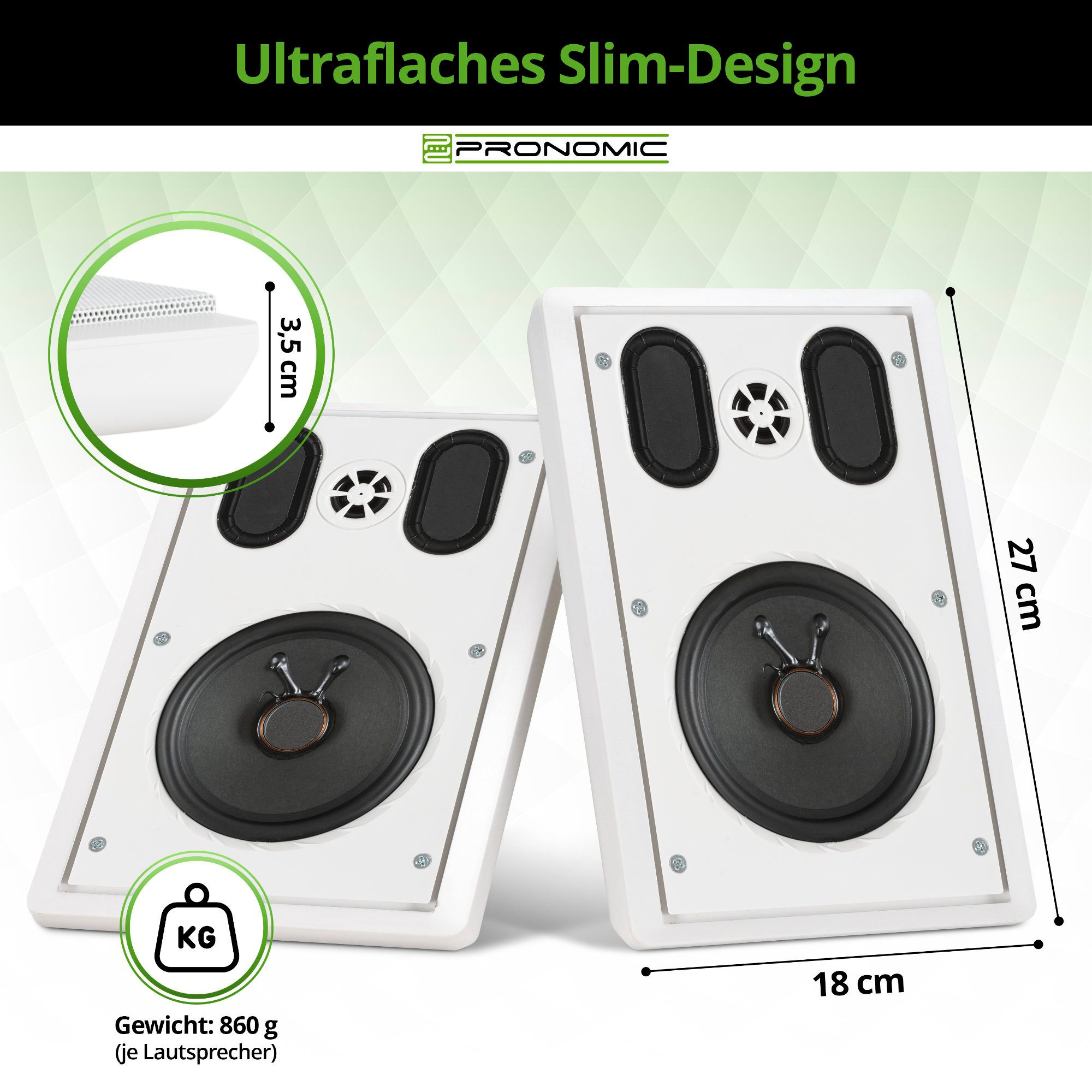 Pronomic FLS-540E Paar Flatpanel Wandlautsprecher Box weiß 2x Set - Slim Design Lautsprecher 2 Wege (30 W, HiFi Flachlautsprecher, 5,25"/133 mm Woofer, 1,2"/30,5 mm Tweeter)