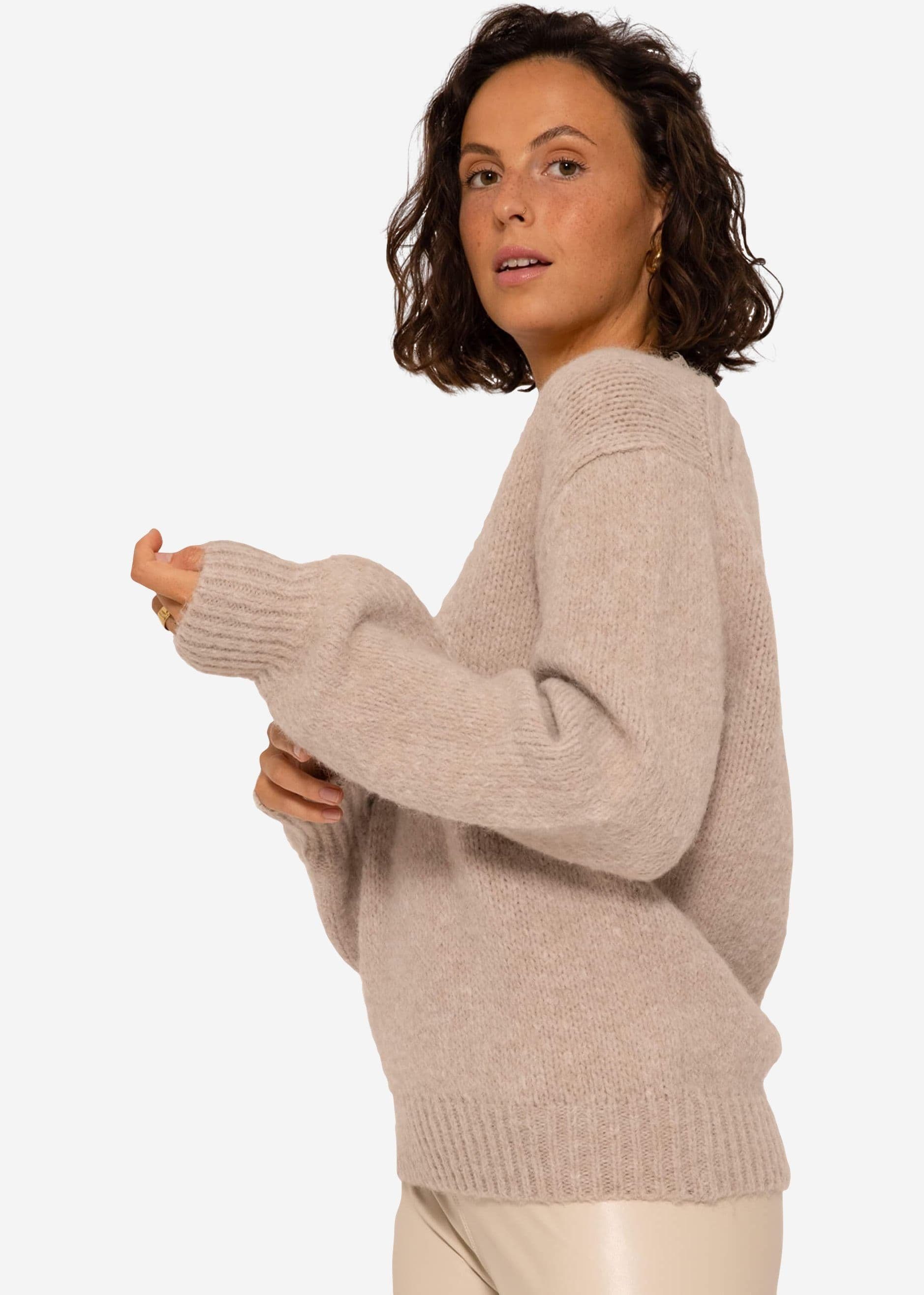 Strickpullover SASSYCLASSY Beige mit Strickpullover aus Spitzen-Ausschnitt Lässiger Oversize weichem Damen Pullover Grobstrick