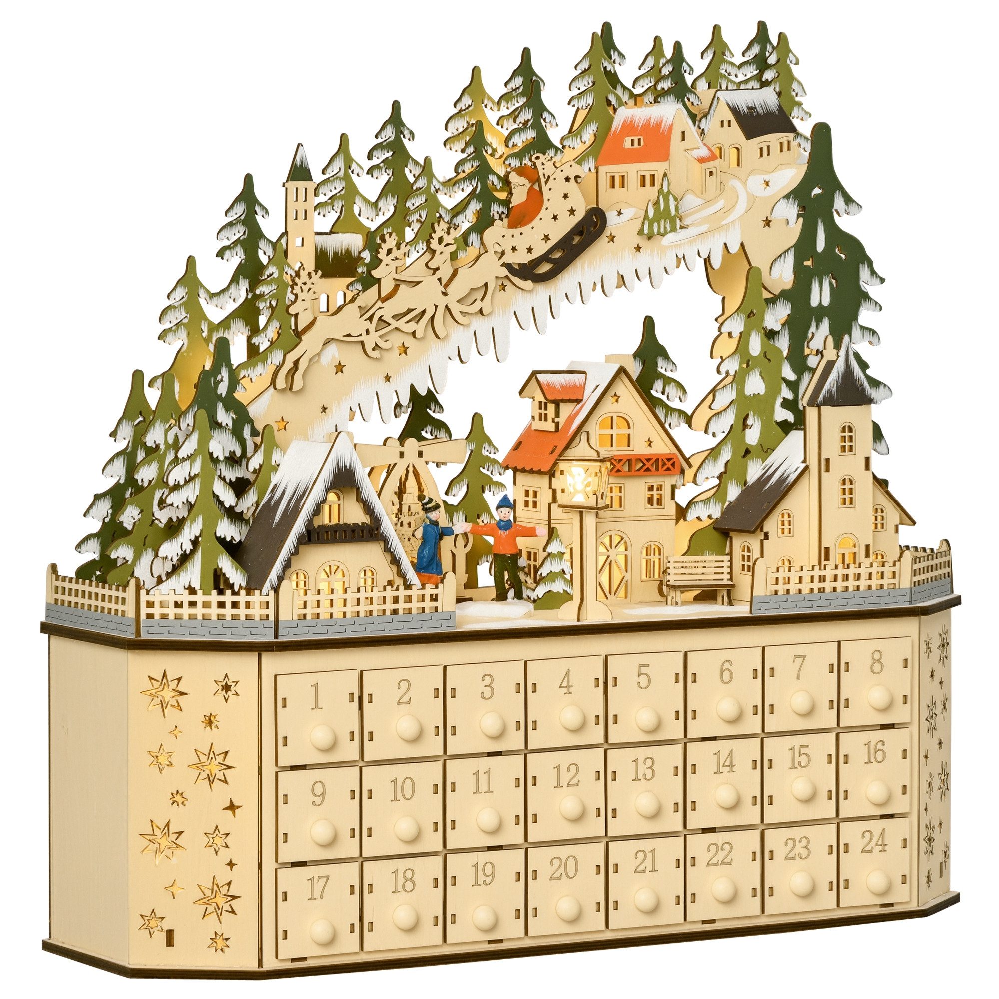 HOMCOM Weihnachtsdorf Adventskalender DIY Weihnachtskalender mit LED-Lichtern, DIY MDF-Platte Naturholz 45 x 13 x 43 cm