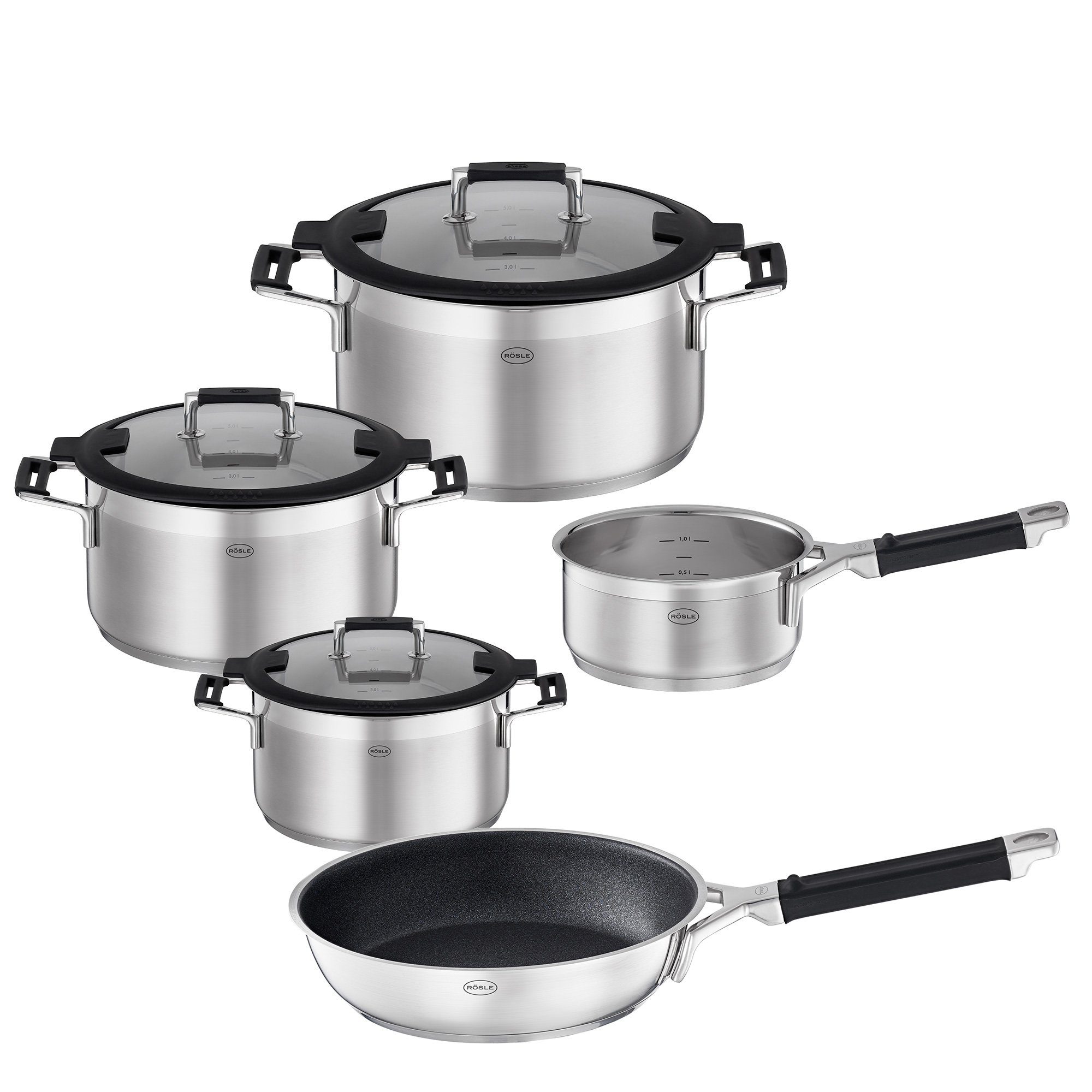 RÖSLE Kochtopf RÖSLE Topfset 5tlg. Silence Pro Edelstahl mit 24cm Bratpfanne