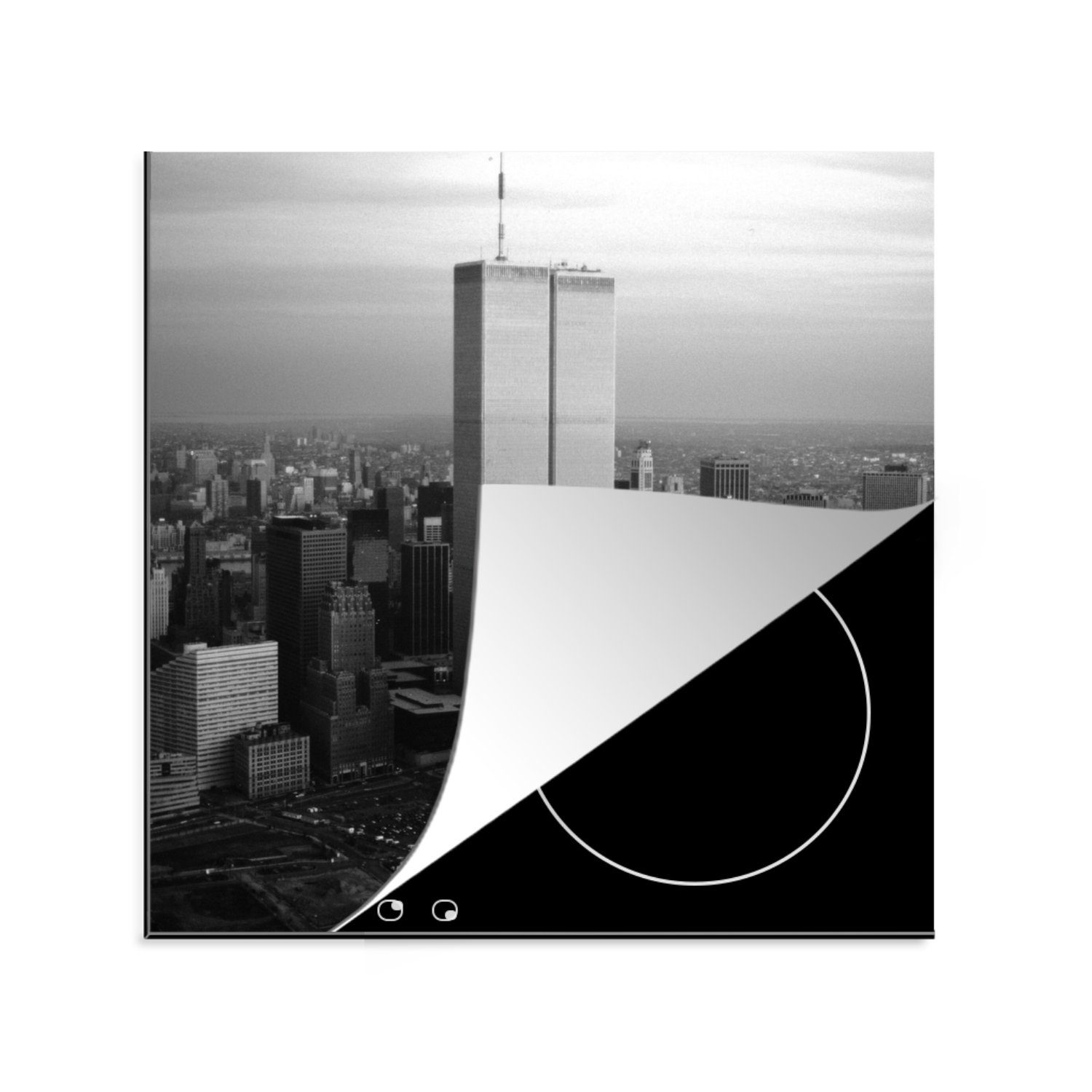 MuchoWow Herdblende-/Abdeckplatte World Trade Center - Stadt - Schwarz - Weiß, Vinyl, (1 tlg), 78x78 cm, Ceranfeldabdeckung, Arbeitsplatte für küche