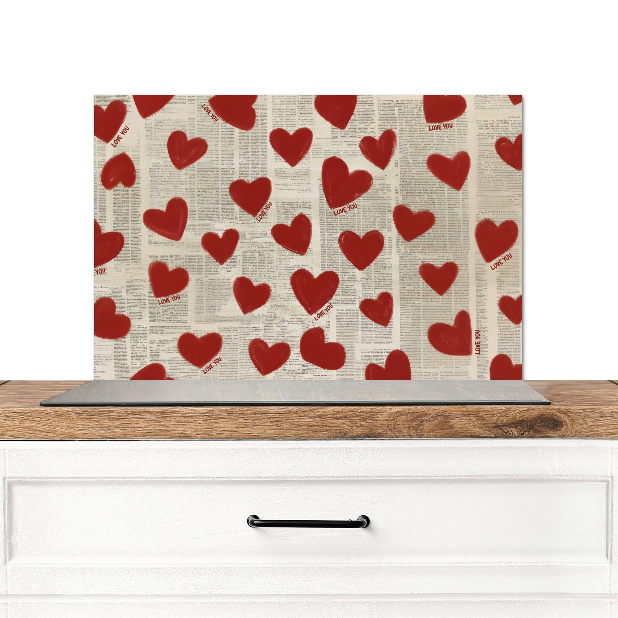 KitchenYeah Küchenrückwand Herzen - Zeitung - Loveyou, (1-tlg), Spritzschutz Küche, Küchendeko, 60x40 cm. Reduzierter Preis € 49,95. Unverbindliche Preisempfehlung € 60,00, (€ 49,95 pro 1 Stk)