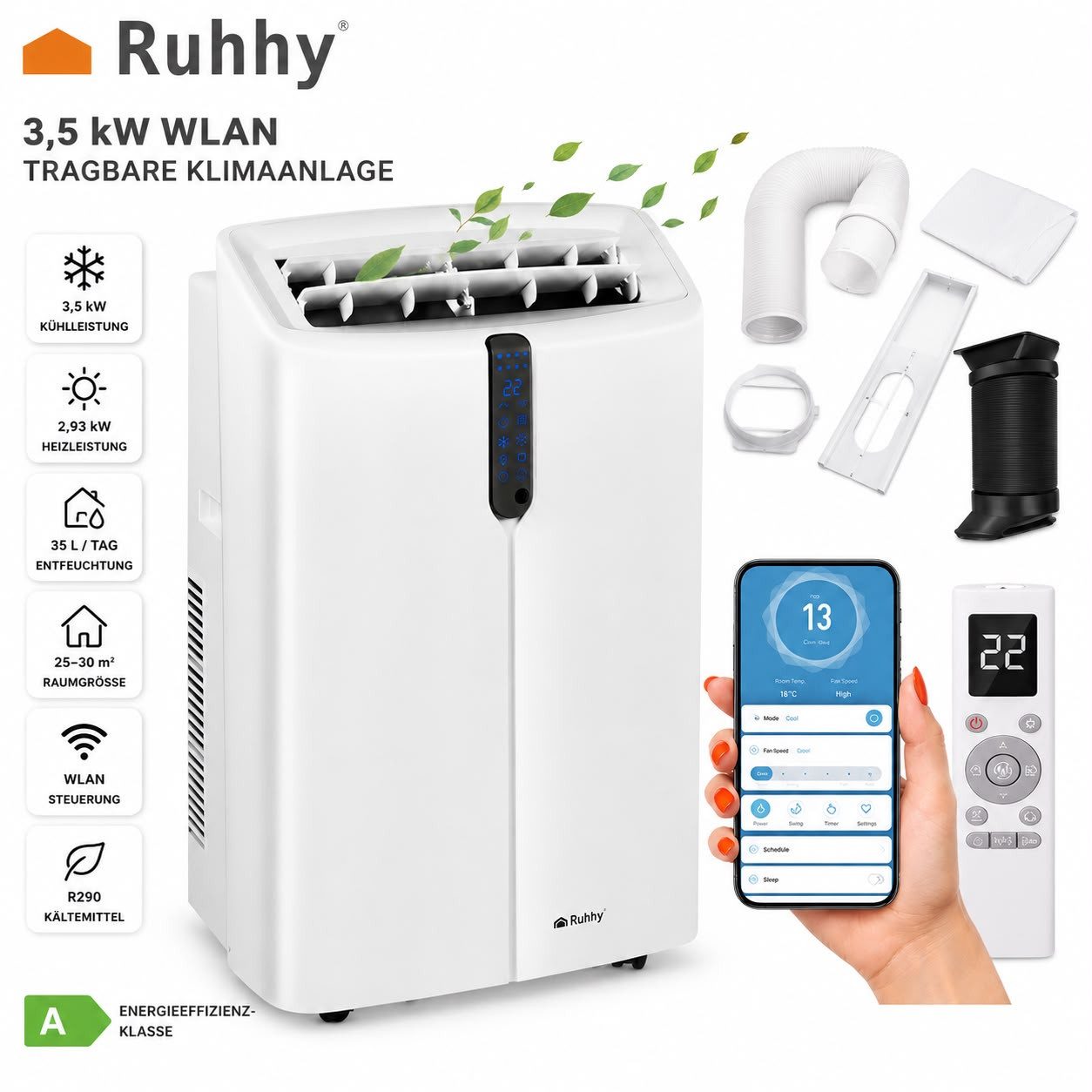 Ruhhy 4-in-1-Klimagerät Tragbare Klimaanlage mit WLAN,12000 BTU nur 46 dB, 3,5 kW & WLAN & Abluftschlauch mit Fensteradapter