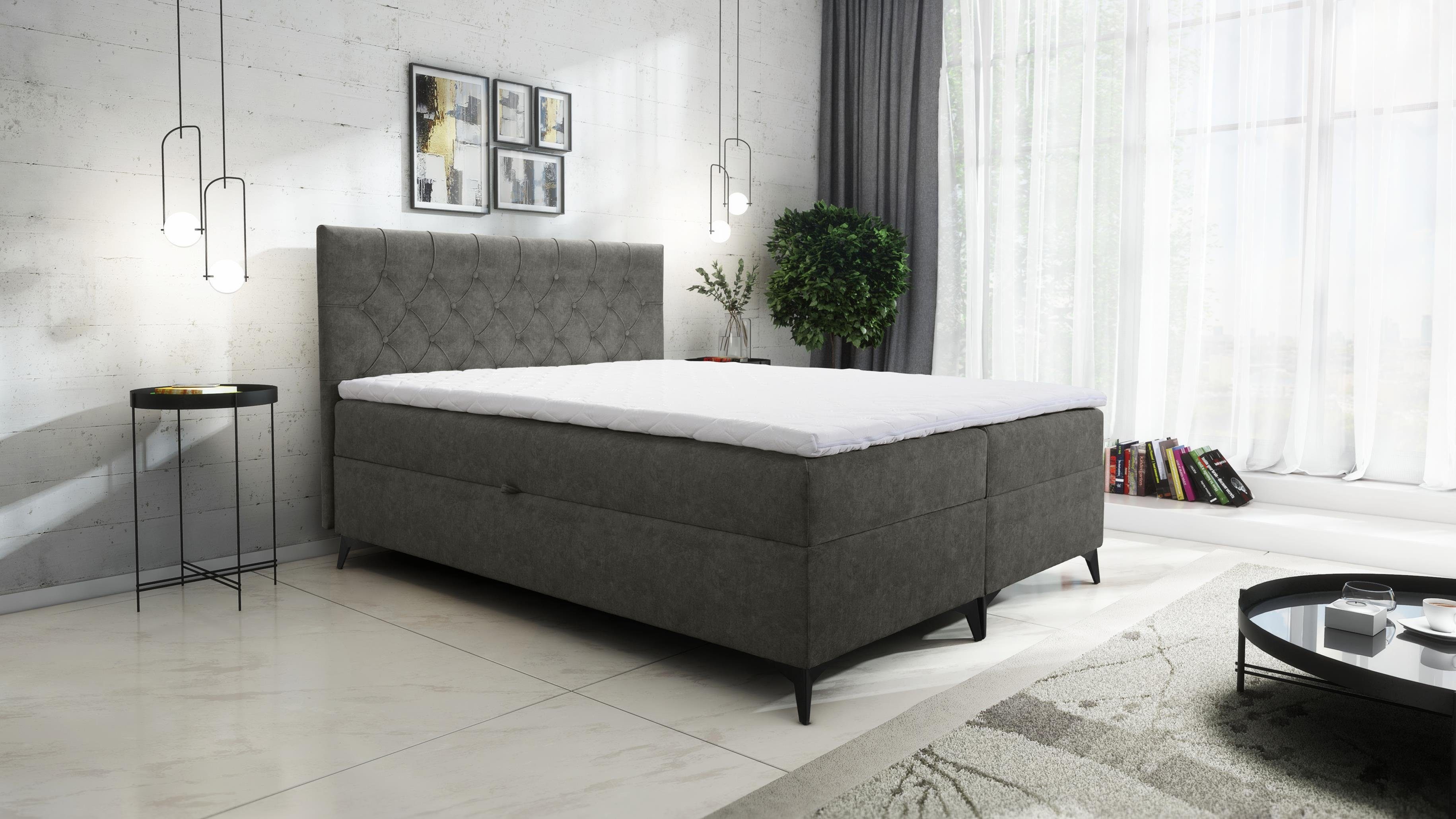 Furnix Boxspringbett JULLIE 129-200x200 mit Topper Bettkaste Farbe/Größe Auswahl, mit Topper Graphit