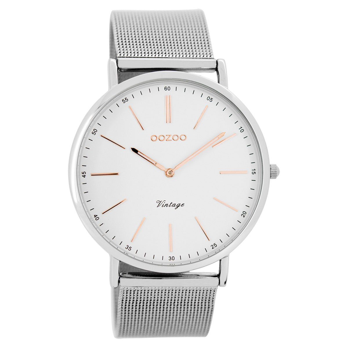 OOZOO Quarzuhr Ultra Slim Vintage Uhr C7387 Weiss Meshband 40 mm