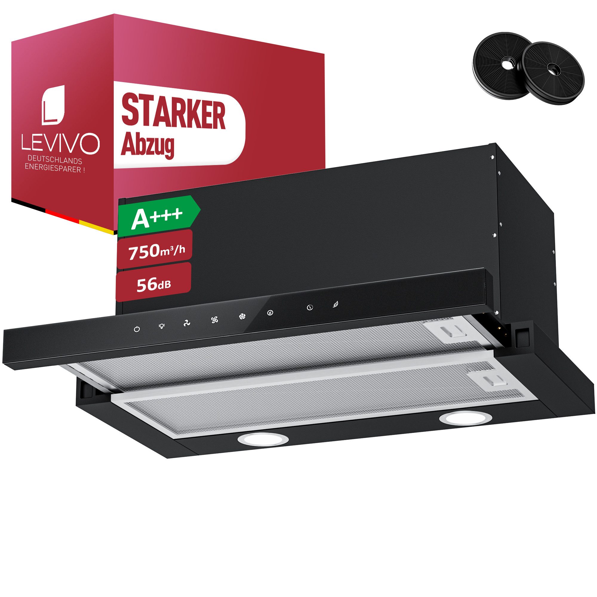 Levivo Flachschirmhaube A+++ Dunstabzugshaube 60cm Umluft & Abluft mit 750 m³/h A+++ Dunstabzugshaube 60cm Umluft & Abluft mit 750 m³/h, Aktivkohlefiltern, Fettfiltern, LED-Beleuchtung