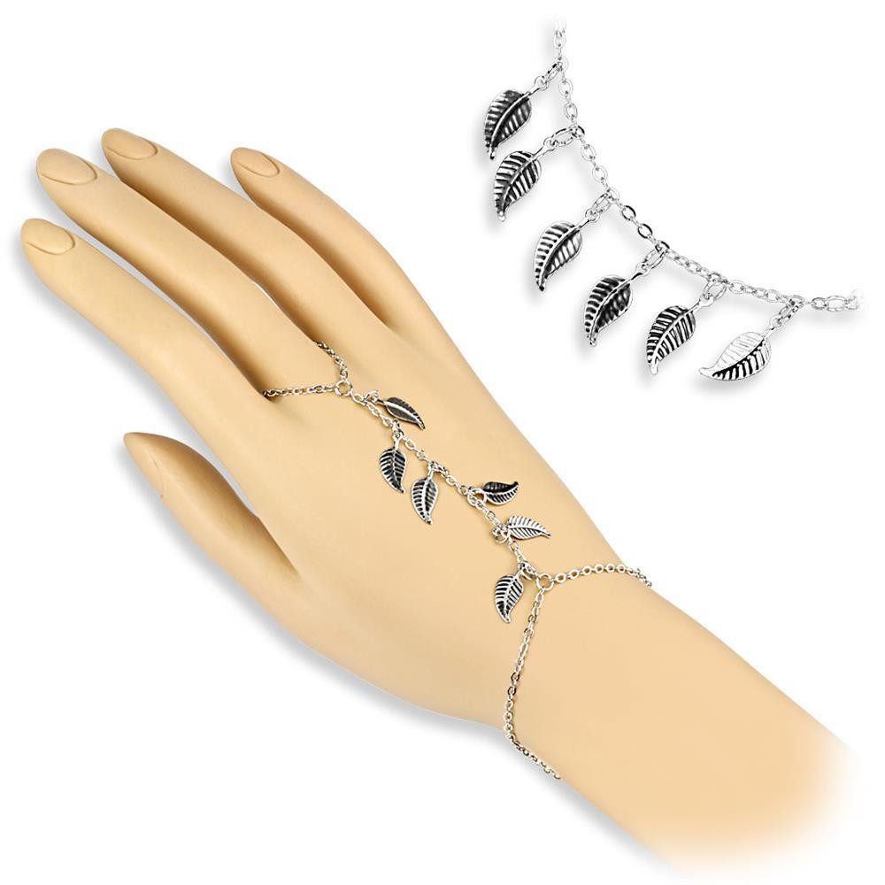 Fußkette und Zehenring Set Handkette Blätter Charms Silber aus Messing Damen
