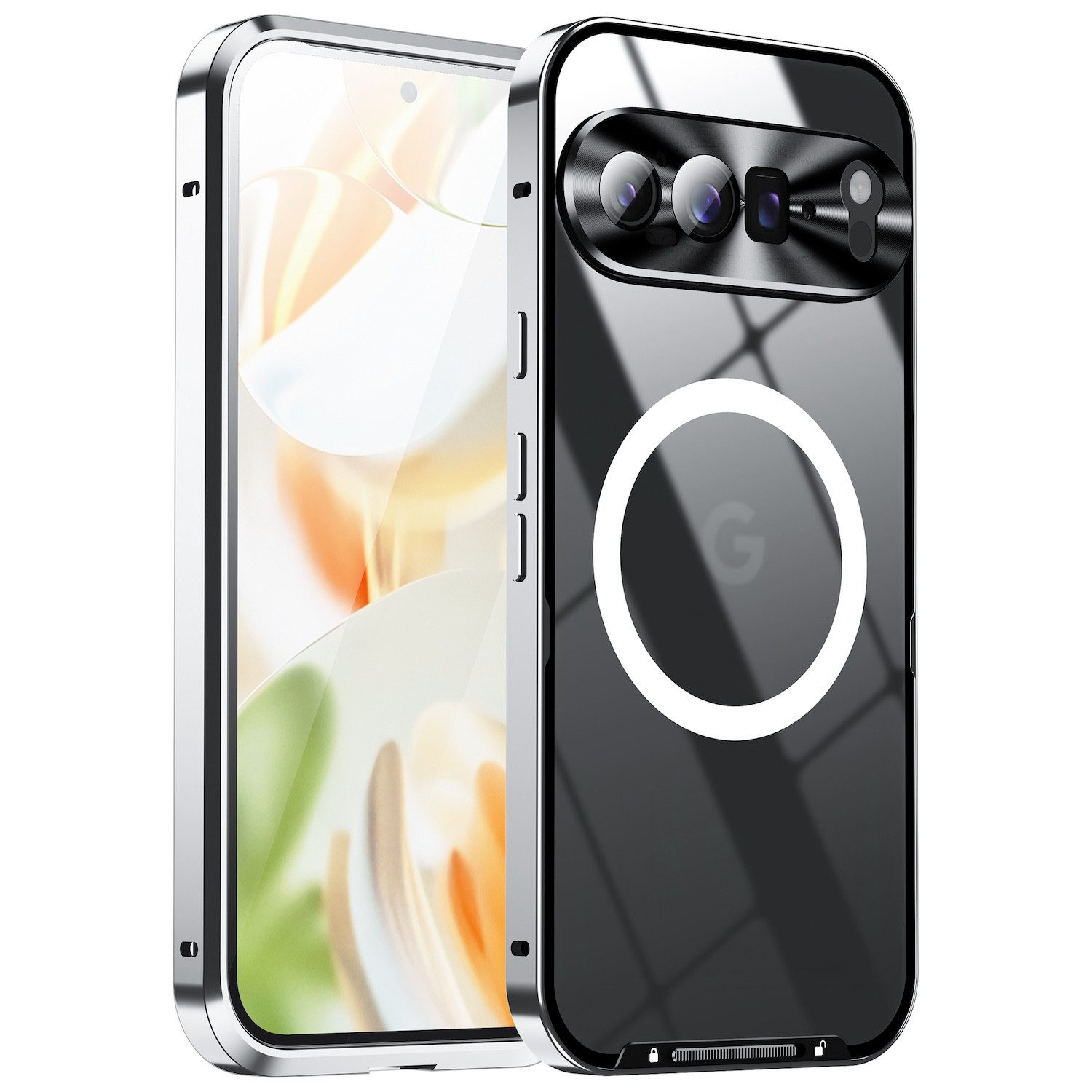 Wigento Handyhülle Für Google Pixel 9 Pro XL Magsafe Metall Schutz Tasche Hülle Silber, MagSafe-kompatibel, elegantes Design, umfassender Schutz