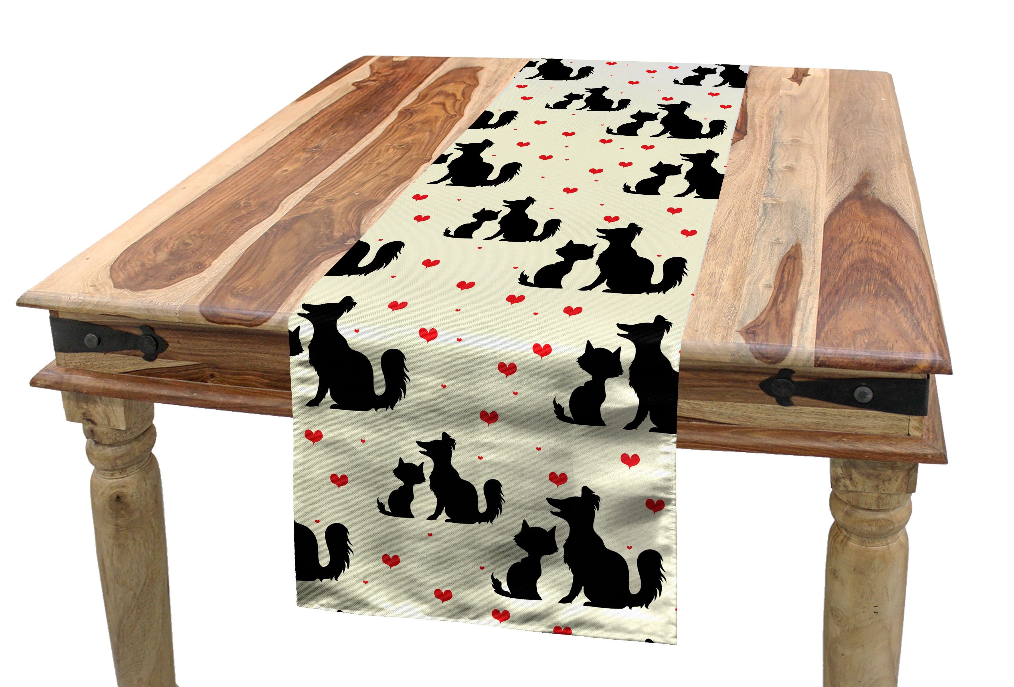 Tischläufer Esszimmer Küche Schwarz und Haustier Rechteckiger Liebe Rot Tischläufer, Dekorativer Hund Katze Abakuhaus