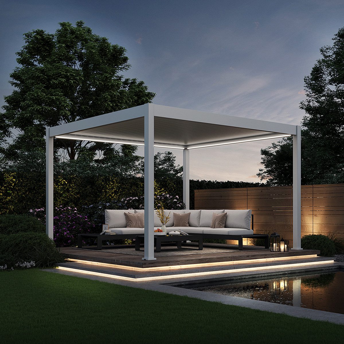 Weide Pergola Deluxe Elektrisch Pavillon Terrassenüberdachung Aluminium LED 3,6x4 M, BxTxH: 400x360x255 cm, (Hochwertigstes Aluminium & verzinkte Stahl-Lamellen, Komplettset)