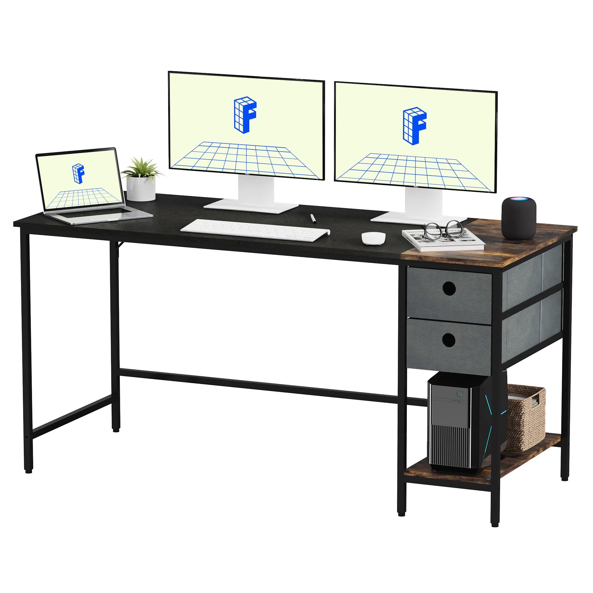 FLEXISPOT Schreibtisch PRO F7 (Home Office PC-Tisch), 3 Tier Lagerregalen, Schreibtisch mit Schubladen