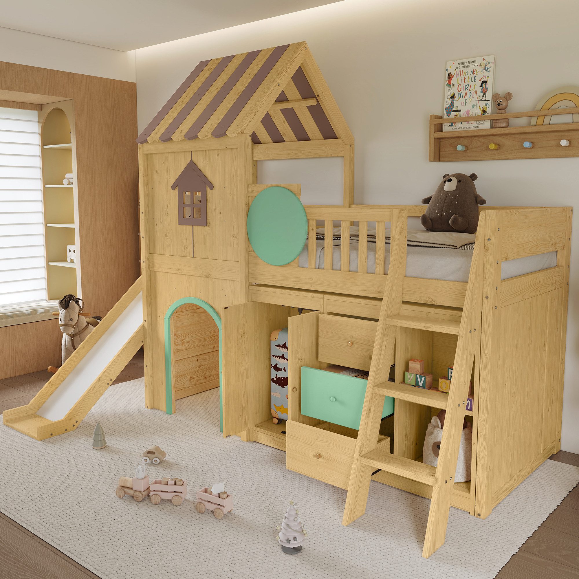 SOFTWEARY Hochbett mit Stauraum und Rutsche (90x200 cm, mit Lattenrost, Bücherregal, Schubladen, Kleiderschrank und Dach) Kinderbett mit Rausfallschutz, Holzbett, Hausbett, Kiefer