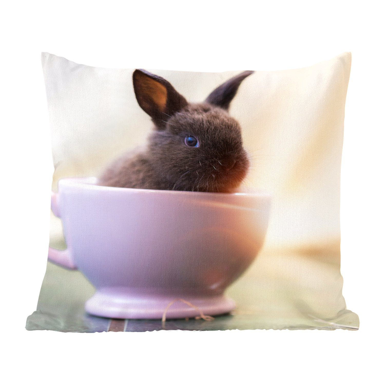 MuchoWow Dekokissen Kaninchen - Zierkissen Sofakissen Füllung - mit Baby für Deko, Schlafzimmer, Teetasse, Wohzimmer
