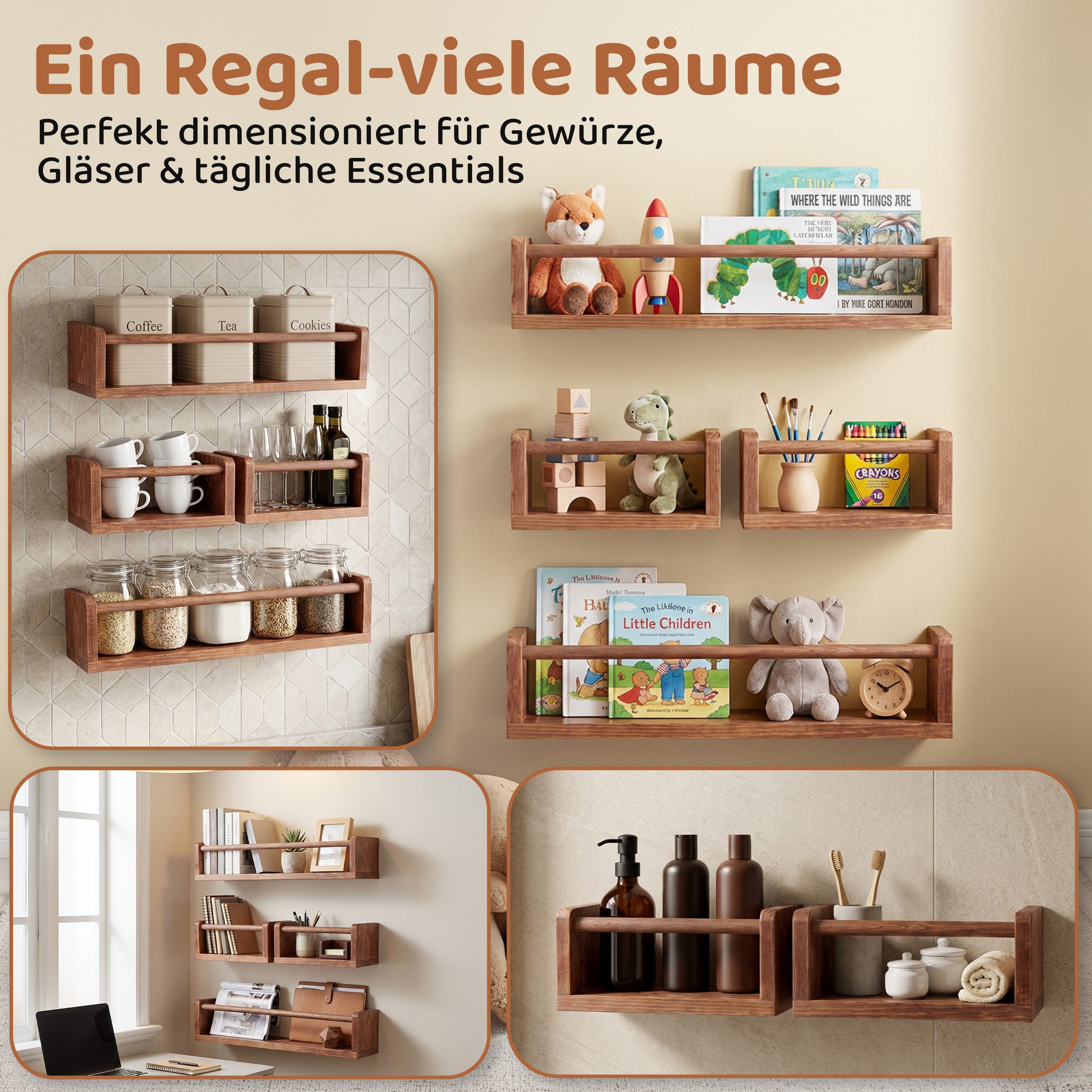 PEGSEN Deko-Wandregal Regal Set aus Echtholz Schweberegal für Deko Kinderzimmer, Set 4-tlg., flexibel kombinierbar – Bild 3 von 5