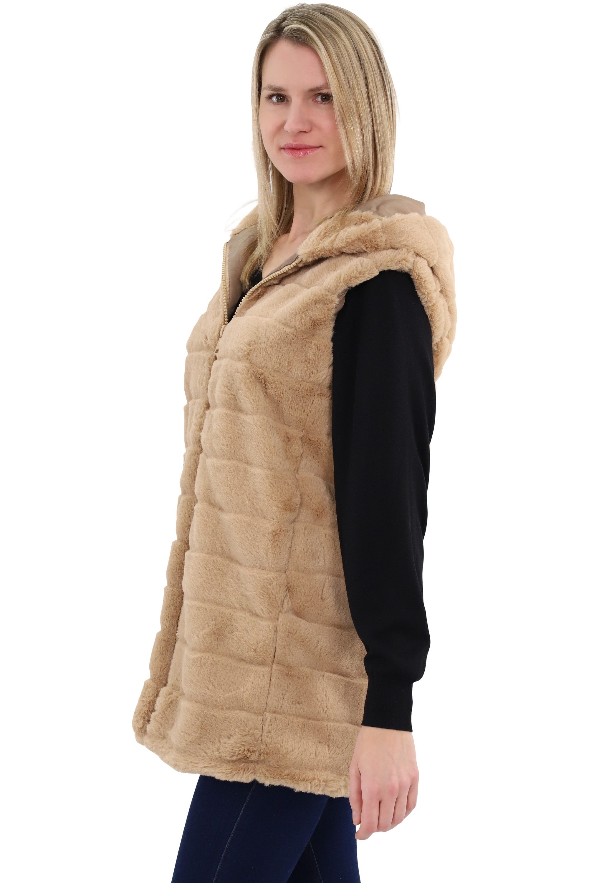 malito more than fashion Longweste malito Damen Longweste mit Kapuze, gerippte Weste aus Kunstpelz, mit Kapuze