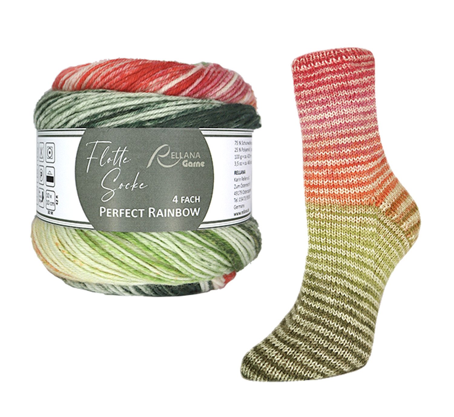 Rellana Flotte Socke 4-fach Pairfect Rainbow, Sockenwolle mit Farbverlauf Häkelwolle, 420 m (zwei gleiche Socken stricken, Strumpfwolle, Sockengarn, 4-fädig), 75% Wolle, 25% Polyamid