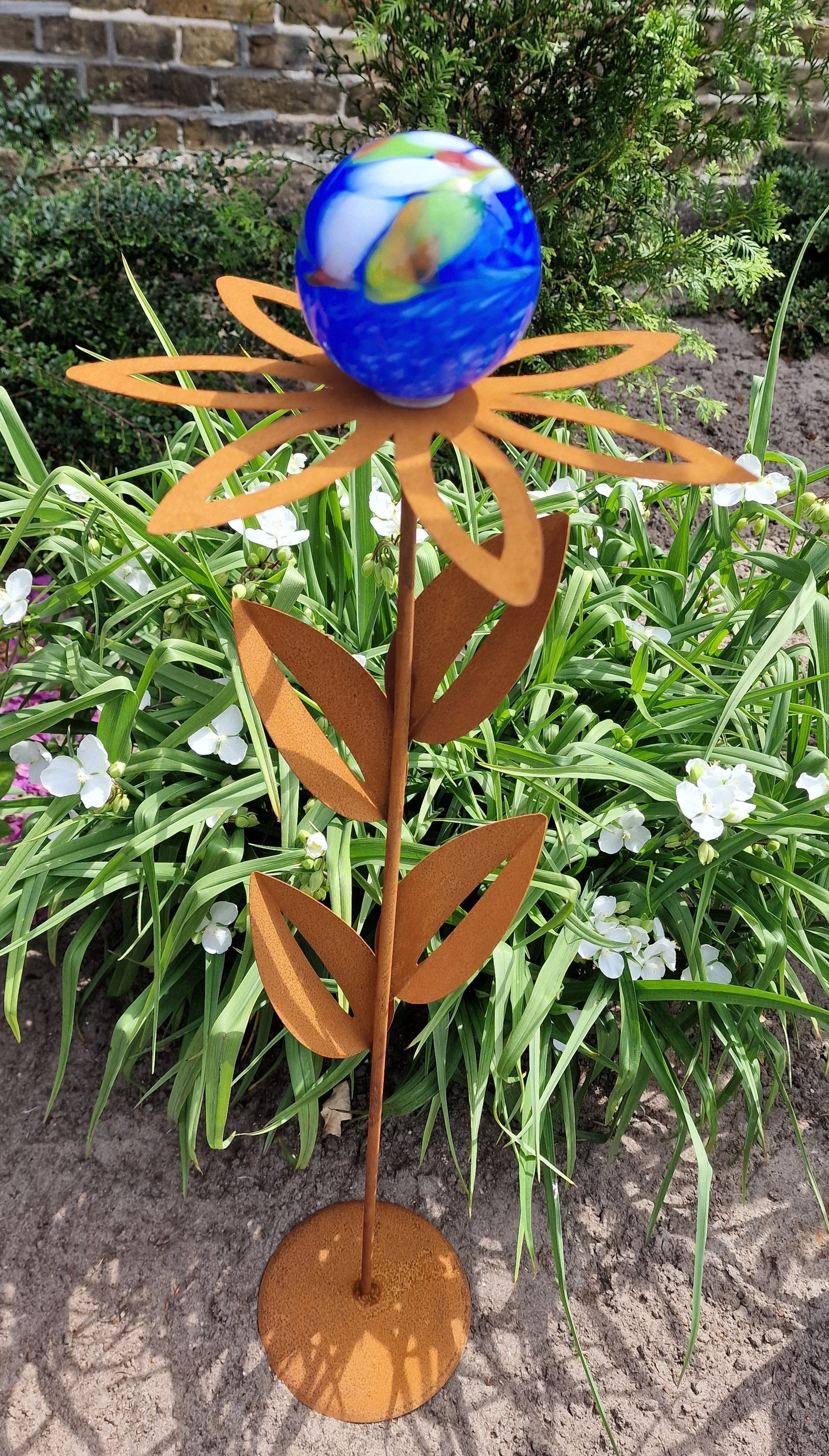 Jürgen Bocker Garten-Ambiente Gartenstecker Glaszauber Blume Paris Cortenstahl 77 cm mit Standfuß Blau