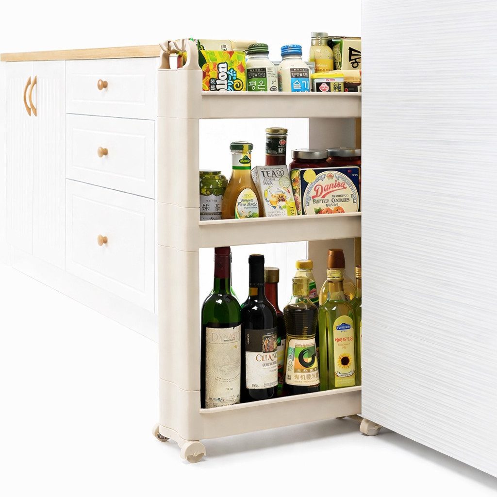 Creliv Regal Nischenregal auf Rollen – Schmaler Küchenwagen mit 3 Ebenen & Haken, 3-tlg.