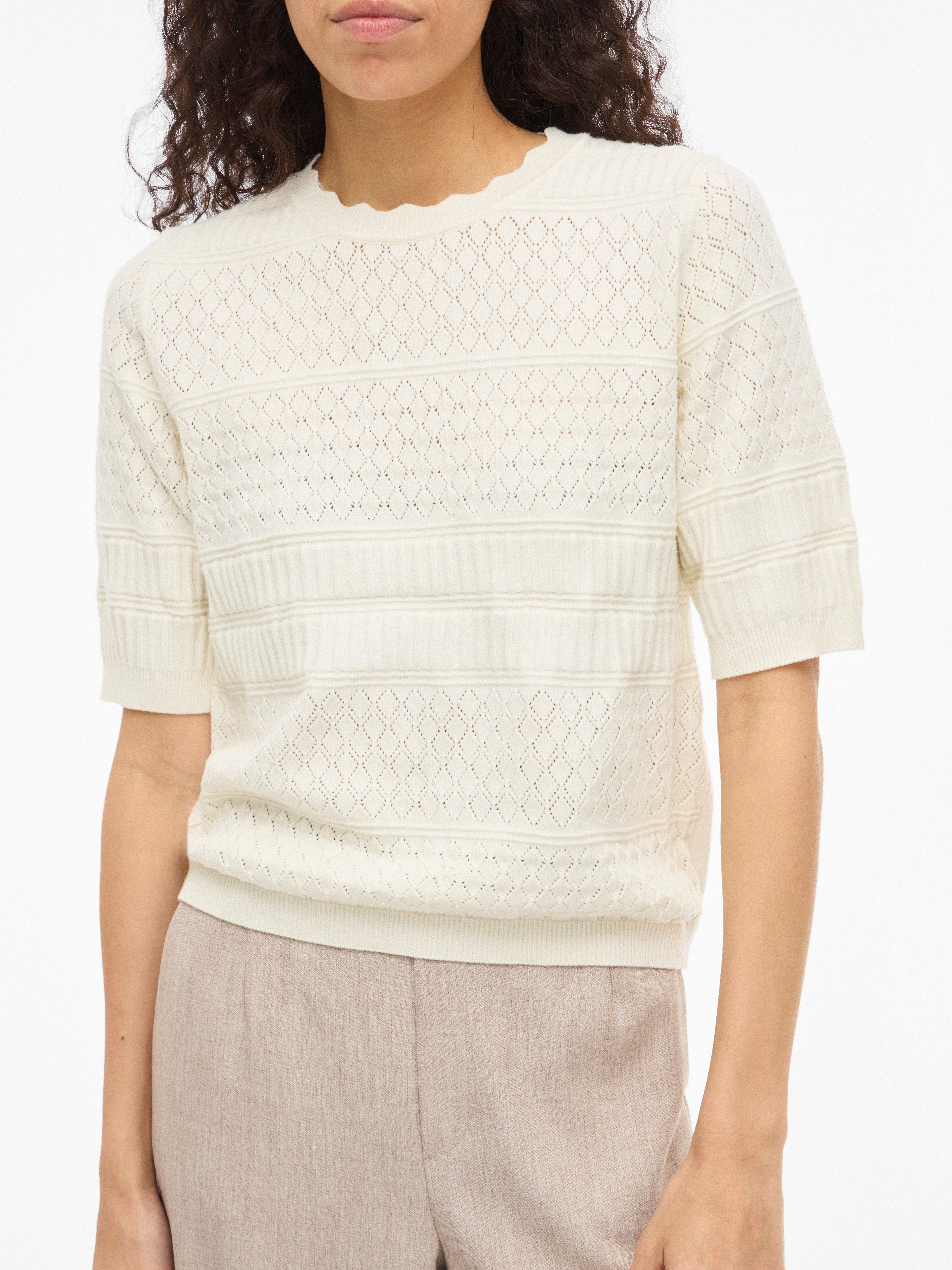 Vila Kurzarmpullover VIMILOS S/S O-NECK POINTELLE TOP - NOOS