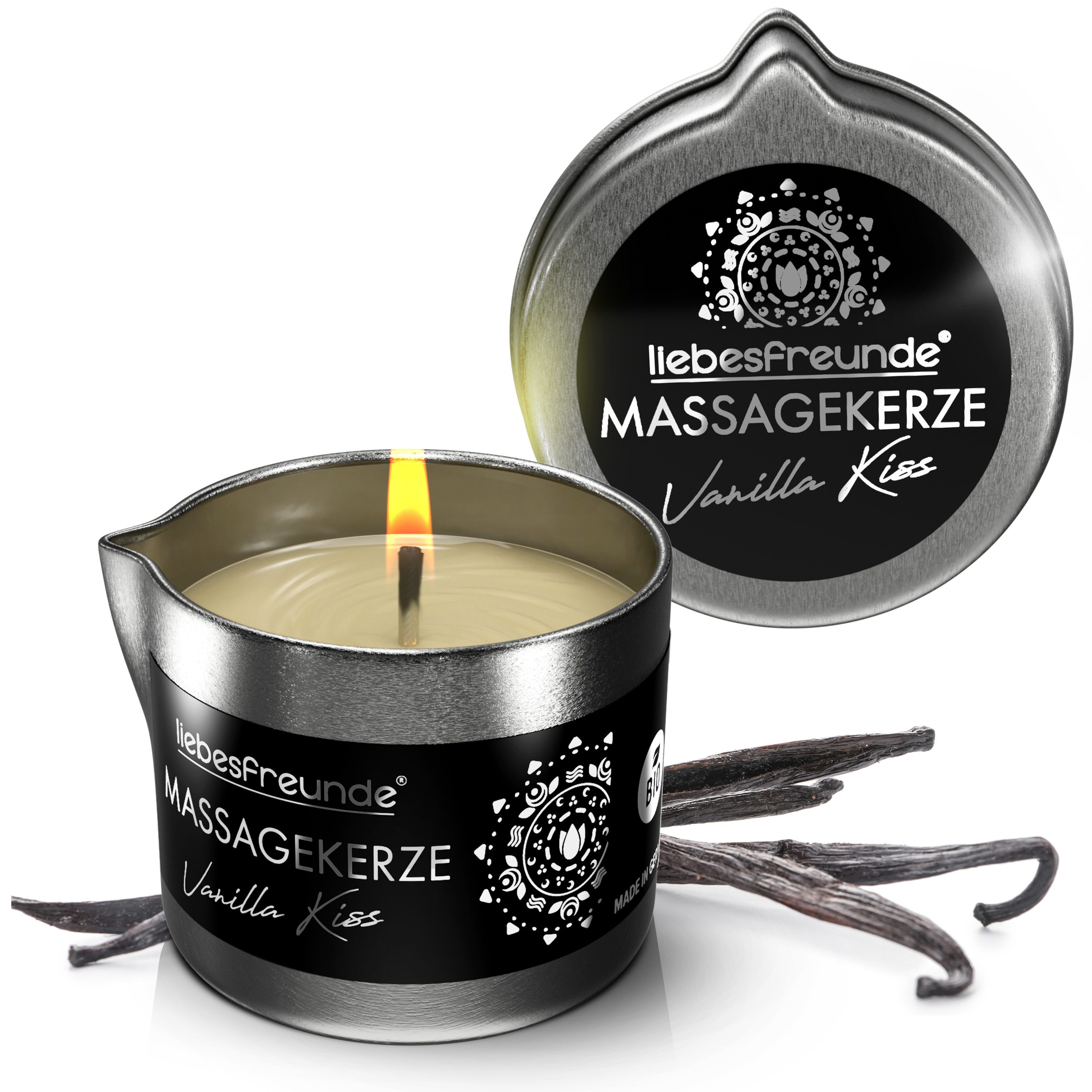 Liebesfreunde Massagekerze Bio Massagekerze VANILLA KISS für sinnliche Massagen, Hergestellt in Deutschland