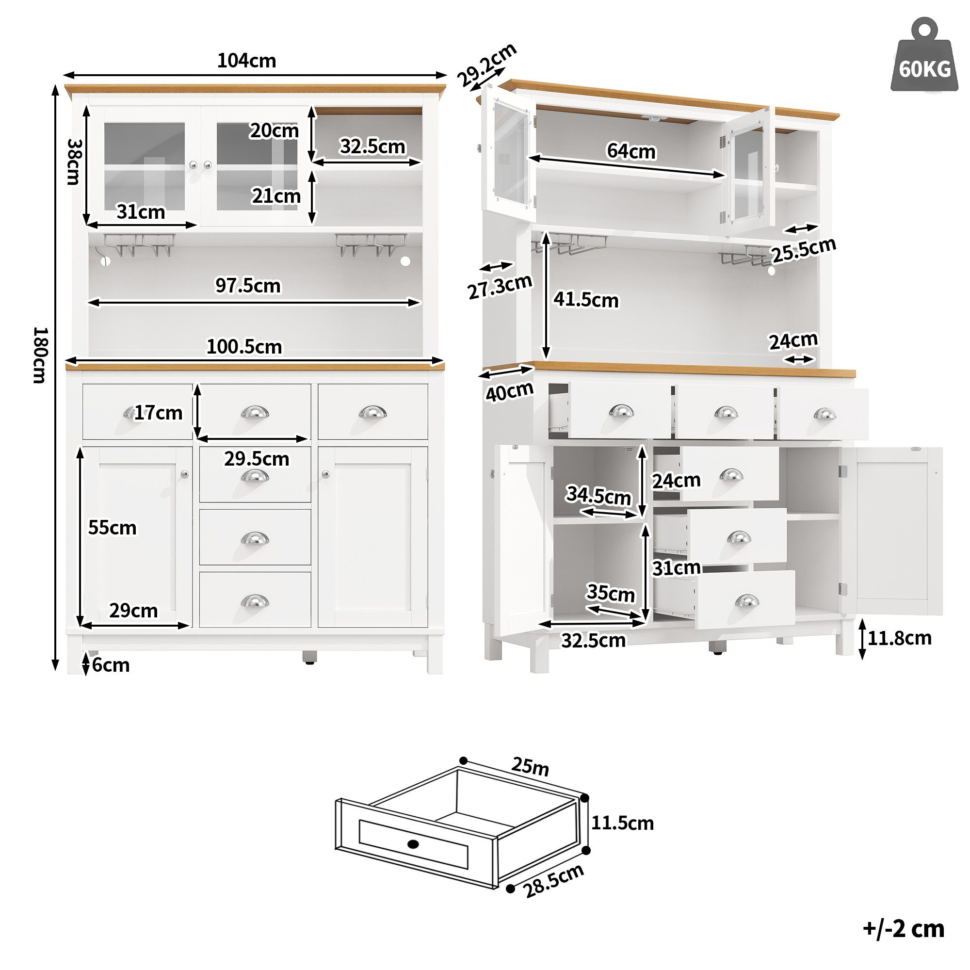 Celya Küchenbuffet Buffetschrank Landhausstil mit LED und Getränkehalter (104x40x180cm, 4 Türen und 6 Schubladen) Geeignet für Küchen, Esszimmer und Wohnzimmer