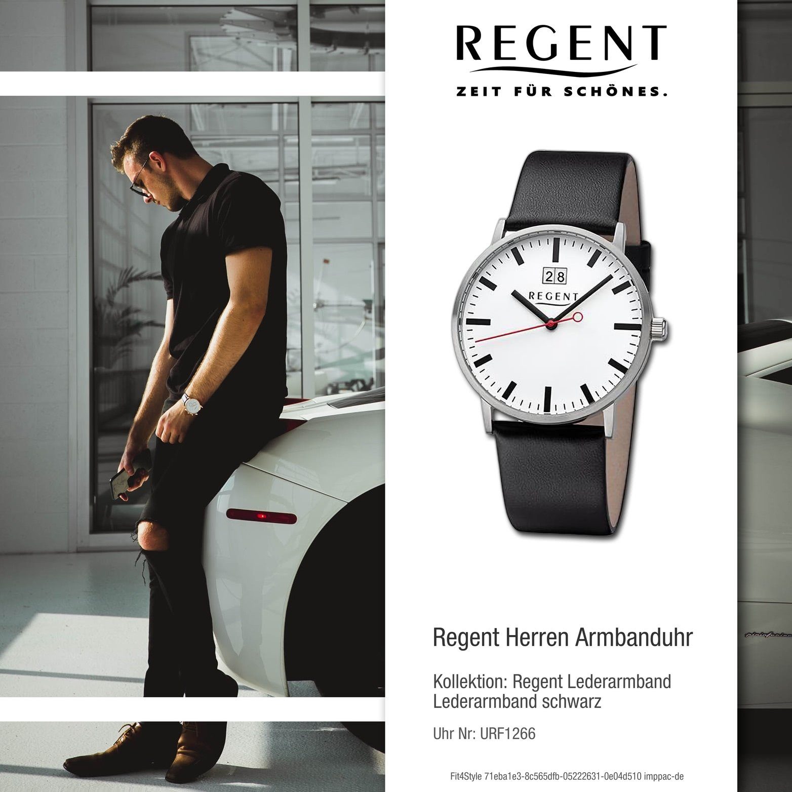 groß 39mm) Herrenuhr Regent Armbanduhr (ca. extra Regent rundes Analog, Quarzuhr schwarz, Herren Lederarmband Gehäuse,