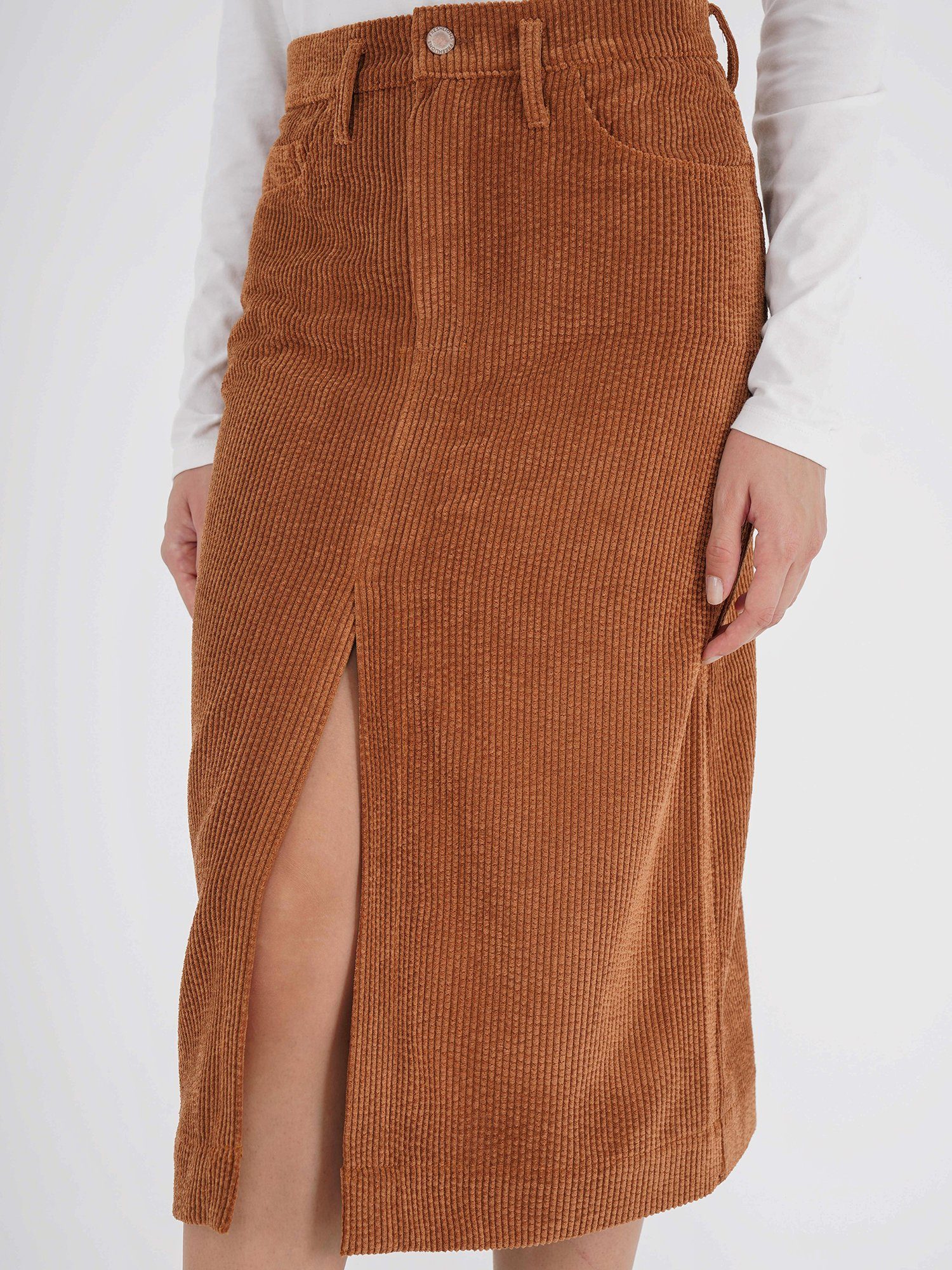 Freshlions Skirt Slit camel Corduroy Freshlions Midi Cordrock