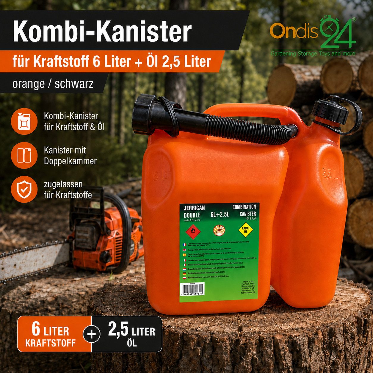 ONDIS24 Benzinkanister Benzinkanister Mischkanister Benzin/ÖL 6l & 2,5l (2 St)
