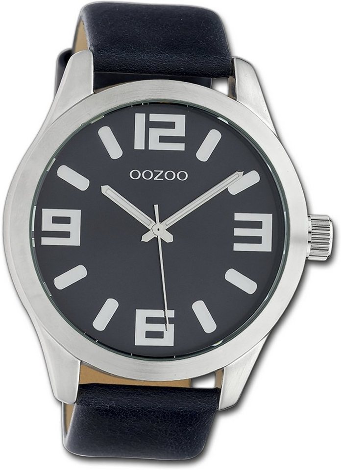 OOZOO Quarzuhr Oozoo Armbanduhr Timepieces, Damen, Herrenuhr Lederarmband  dunkelblau, rundes Gehäuse, groß (46mm)