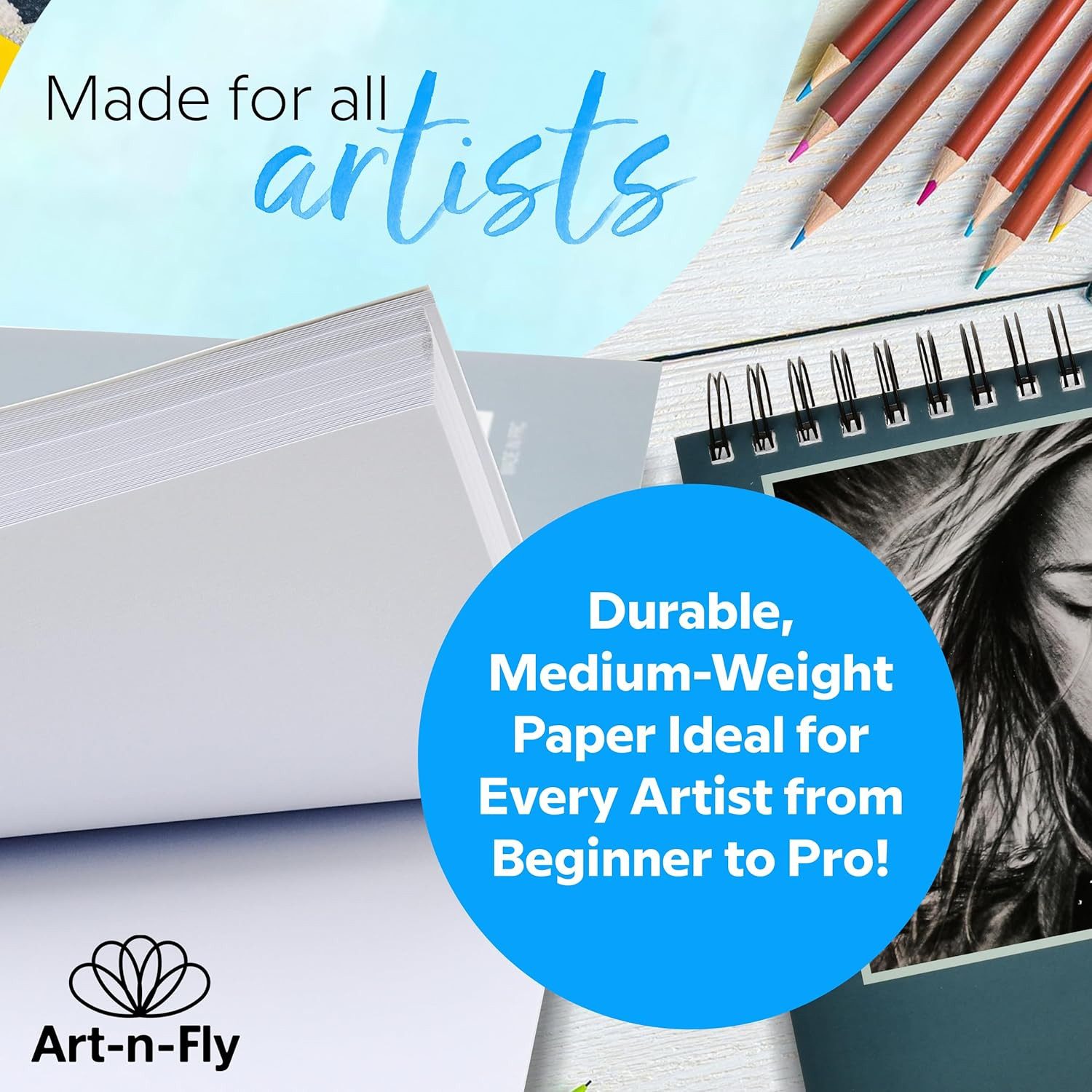 Art-n-Fly Aquarellpapier Zeichenblock A4 mit 100 Blatt, Spiralbindung, glattes Papier – Bild 5 von 5
