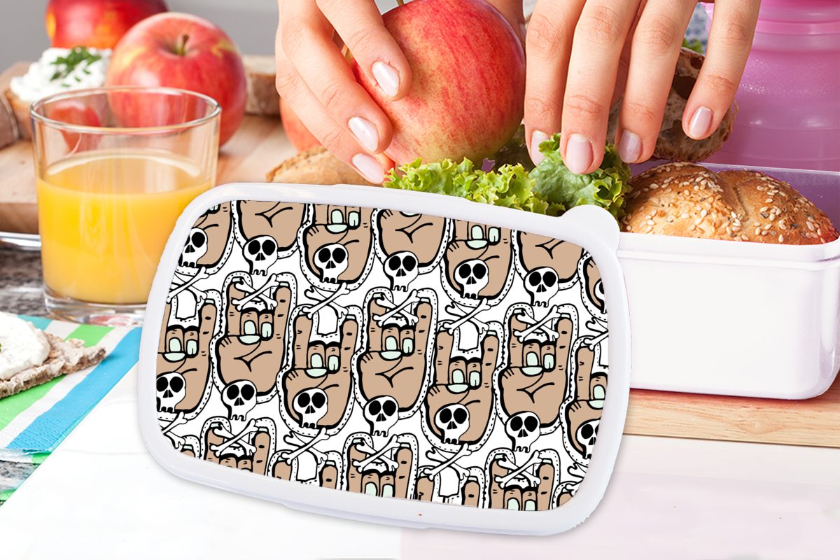 Totenkopf weiß Kunststoff, und - MuchoWow für Brotbox Mädchen - Lunchbox Brotdose, (2-tlg), für und Muster, Kinder Erwachsene, Jungs Teenager Hand -