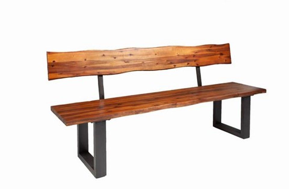 BENEDO MÖBEL Sitzbank Akazie massiv – Baumkante mit Rückenlehne, Metallgestell, 140–220