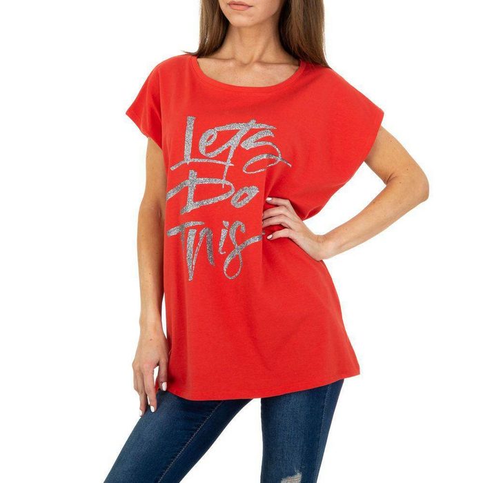 Ital-Design T-Shirt Damen Freizeit Glitzer Textprint T-Shirt in Rot