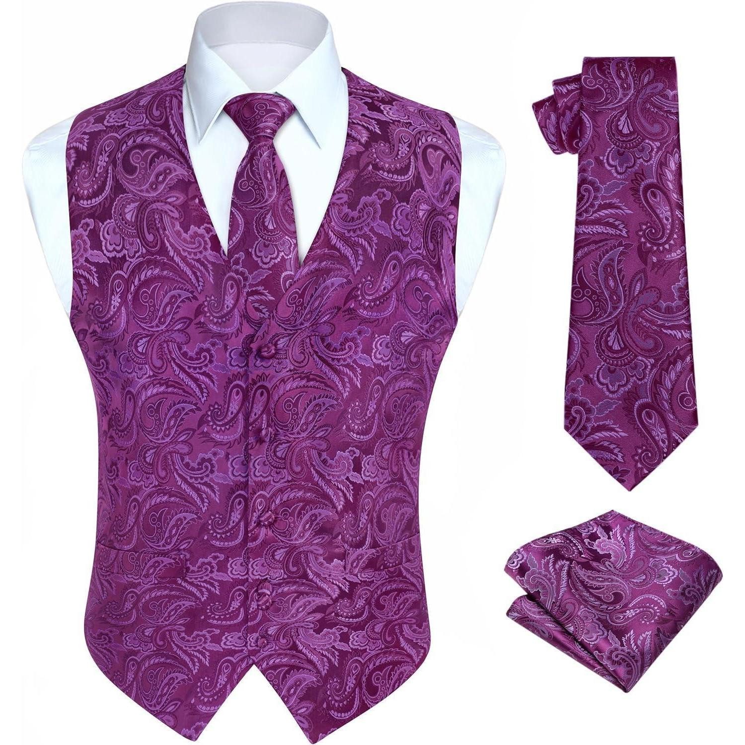LuxusKollektion Anzugweste Weste Herren Hochzeit Krawatte Einstecktuch Jacquard Set 4XL Lila-3