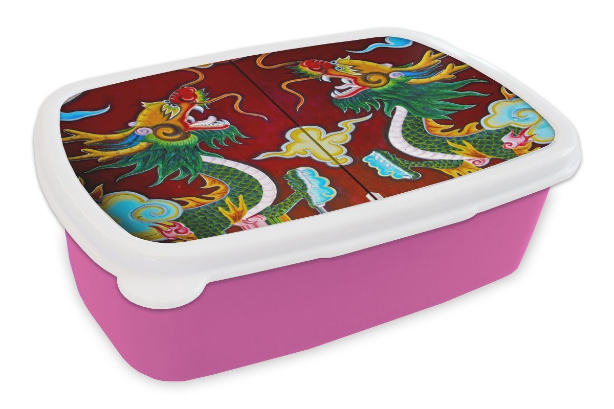 Brotdose für Kunststoff, Erwachsene, Snackbox, Lunchbox (2-tlg), Kinder, Drachen, Kunststoff Brotbox rosa mit Tür MuchoWow Mädchen,