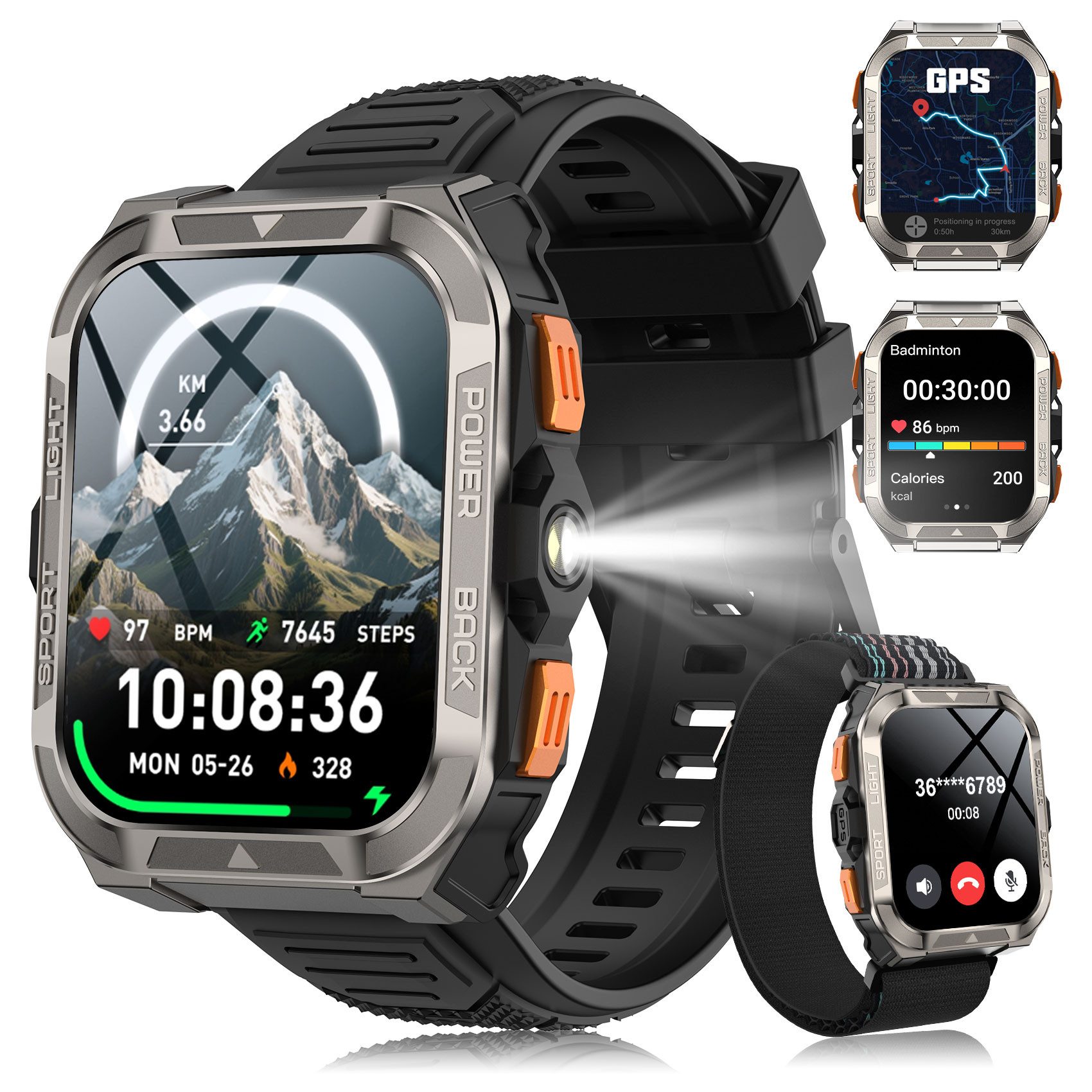 blackview Smartwatch für Herren mit GPS, LED Taschenlampe & Kompass, Blutdruck Smartwatch (1.91 Zoll, iOS/Android), 2×Riemen (Silikonband + gewebtes Band) 1×magnetisches Ladekabel, 1,91"Display,Anruffunktion,Herzfrequenz,SpO2,900 mAh Akku,ChatGPT,IP68