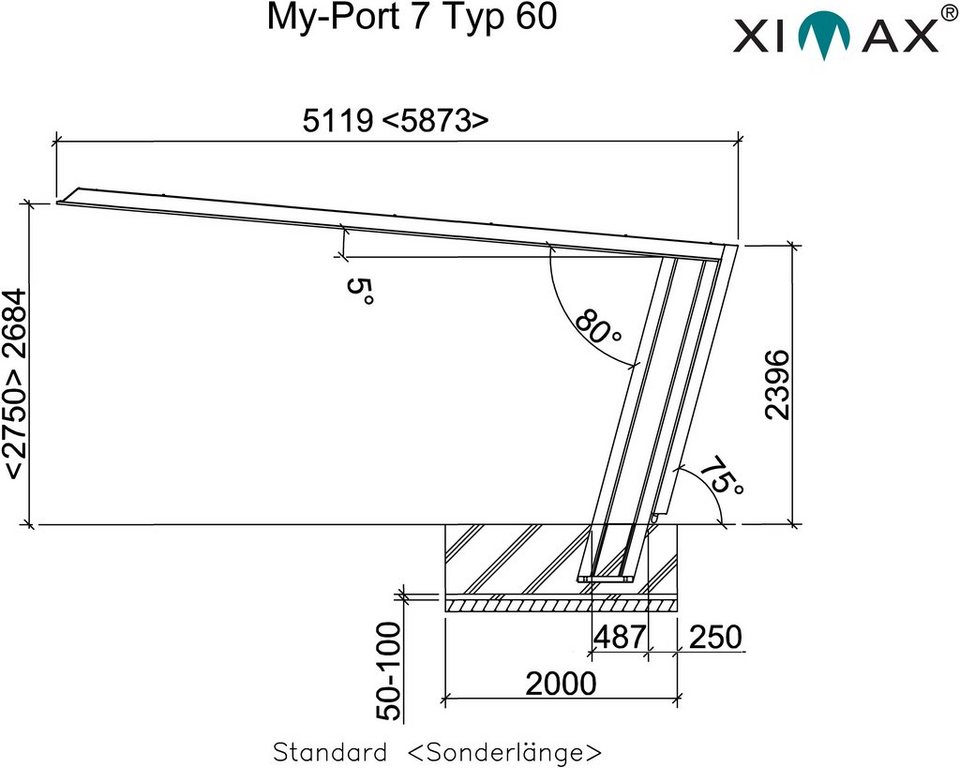 Ximax Einzelcarport My-Port 7 Typ 2759 Typ 60 Standard-schwarz/silber, BxT:  269x587 cm, 220 cm Einfahrtshöhe, Aluminium