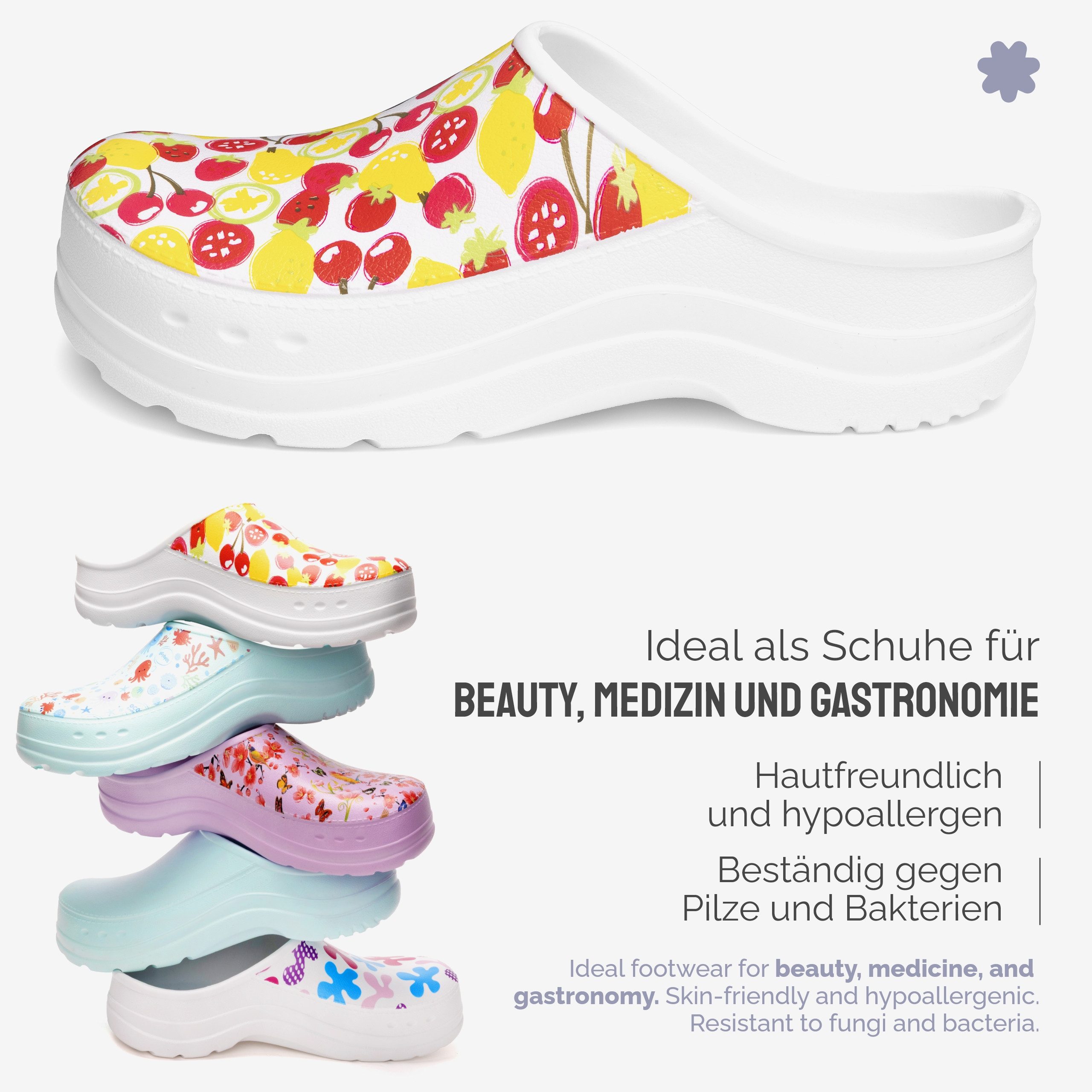 Ladeheid Gartenclogs für Damen Ultraleicht EVA Gemustert Gartenschuhe LA-CA-27 Clog (41 EU, Weiß/Fruchtmotiv1) Wasserdicht & Flexibel – Bild 5 von 5