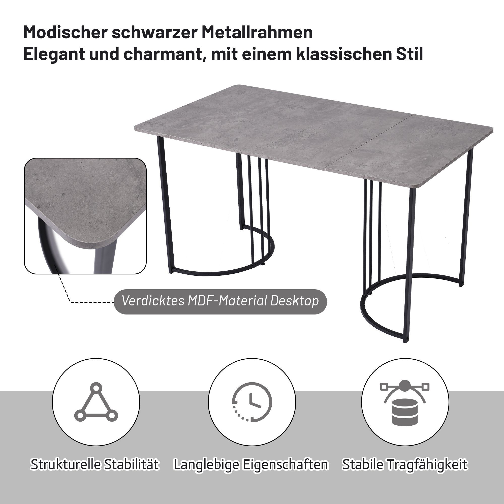 Esstisch (140x80x75 cm, nur Tisch), rechteckig Küchentisch Marmoroptik Esszimmertisch, Metallbeine