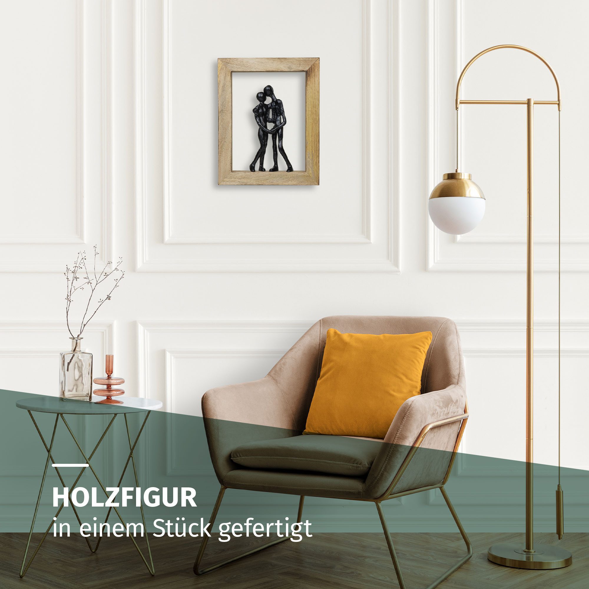 Moritz Skulptur Paarfigur Embrace Schwarz 30 cm aus Mangoholz Aluminium Rahmen Unikat