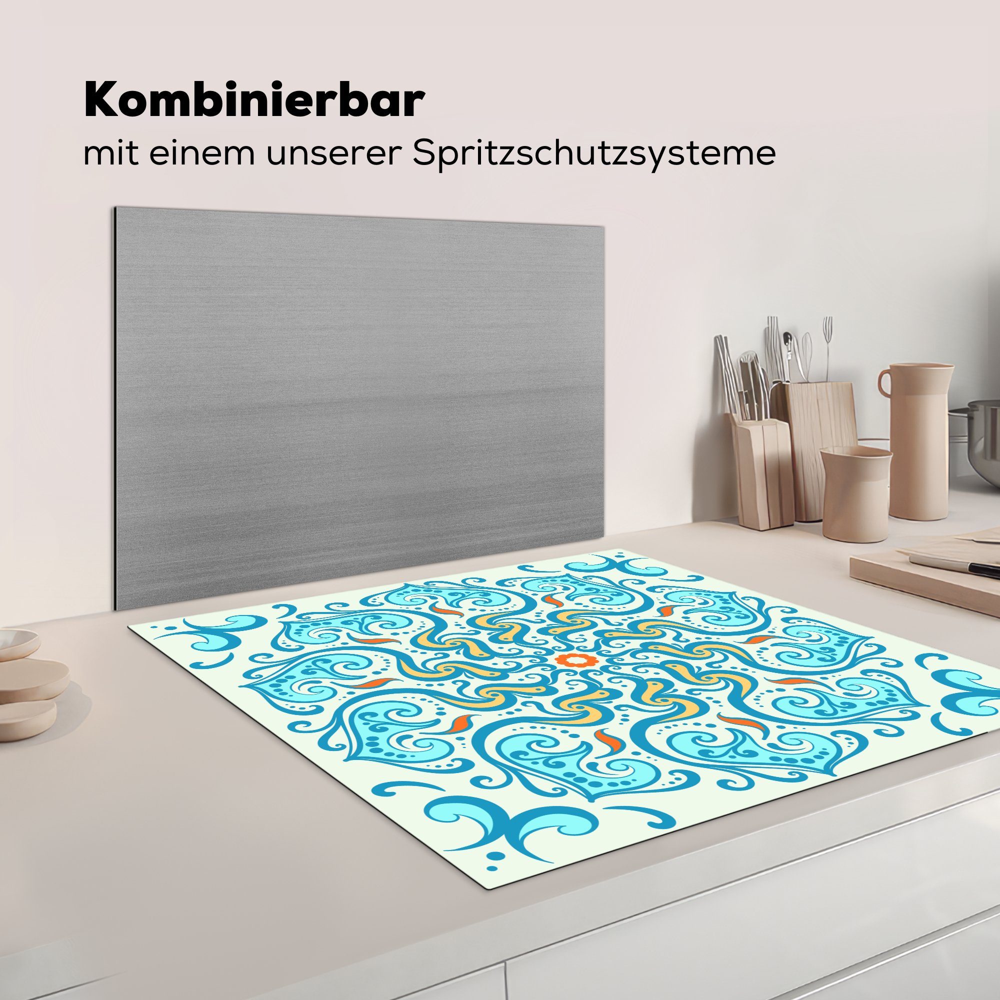 Arbeitsplatte Vinyl, (1 Gelb MuchoWow - Ceranfeldabdeckung, Abstrakt, für 78x78 Herdblende-/Abdeckplatte tlg), Blau - cm, - Mandala küche