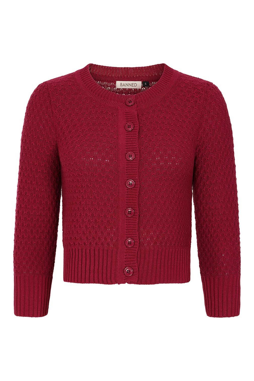 Banned Strickjacke Fara Cardigan Burgunder Vintage Wabenmuster Baumwolle