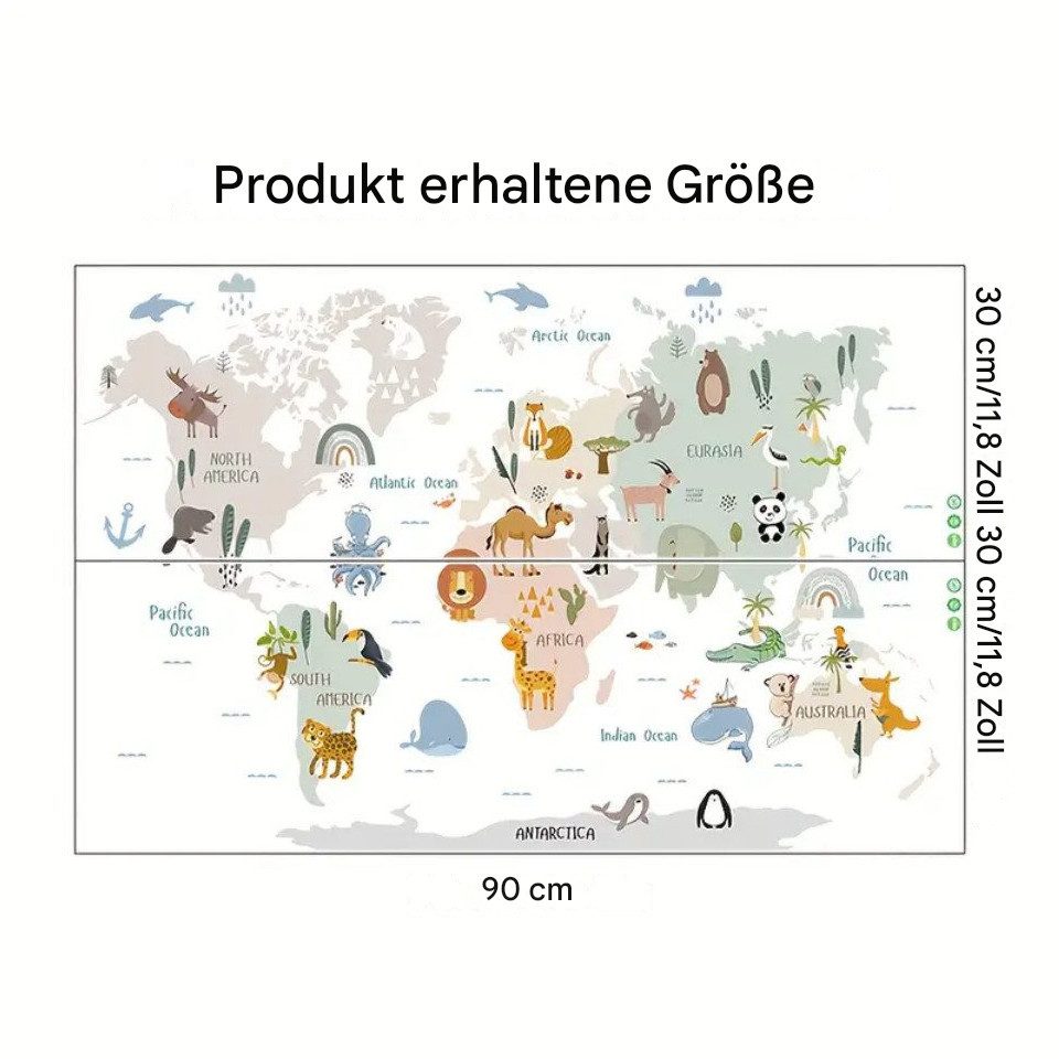 Montegoni Wandsticker Tropische Tierwelt Landkarte Wandaufkleber, Selbstklebende PVC Sticker für mehrere Oberflächen