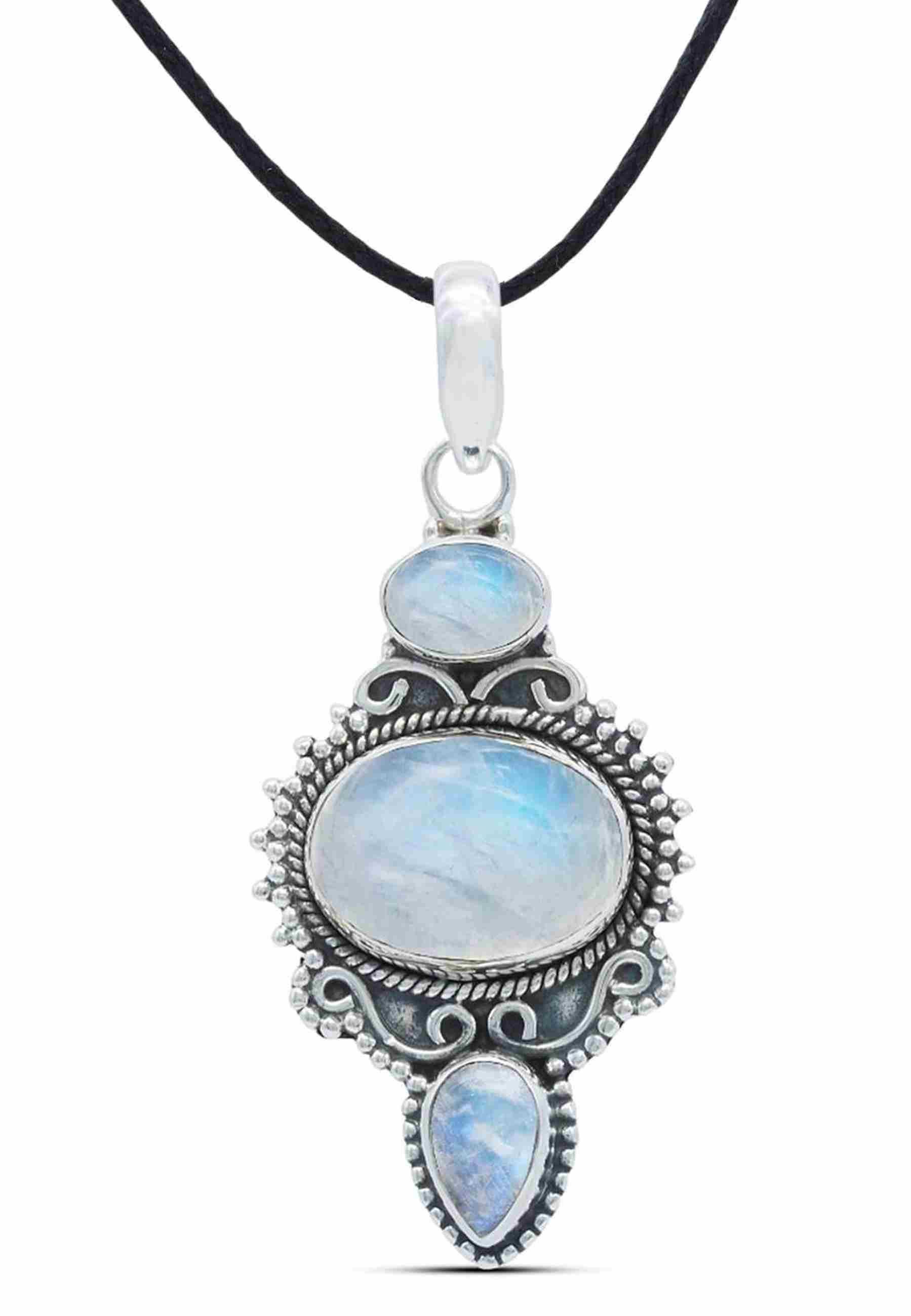 mantraroma Кулоны BURUNG aus 925 Silber mit Regenbogen Mondstein (Kettenanhänger am Baumwollband im Schmuckbeutel), 925 Sterling Silber Кулоны für Damen