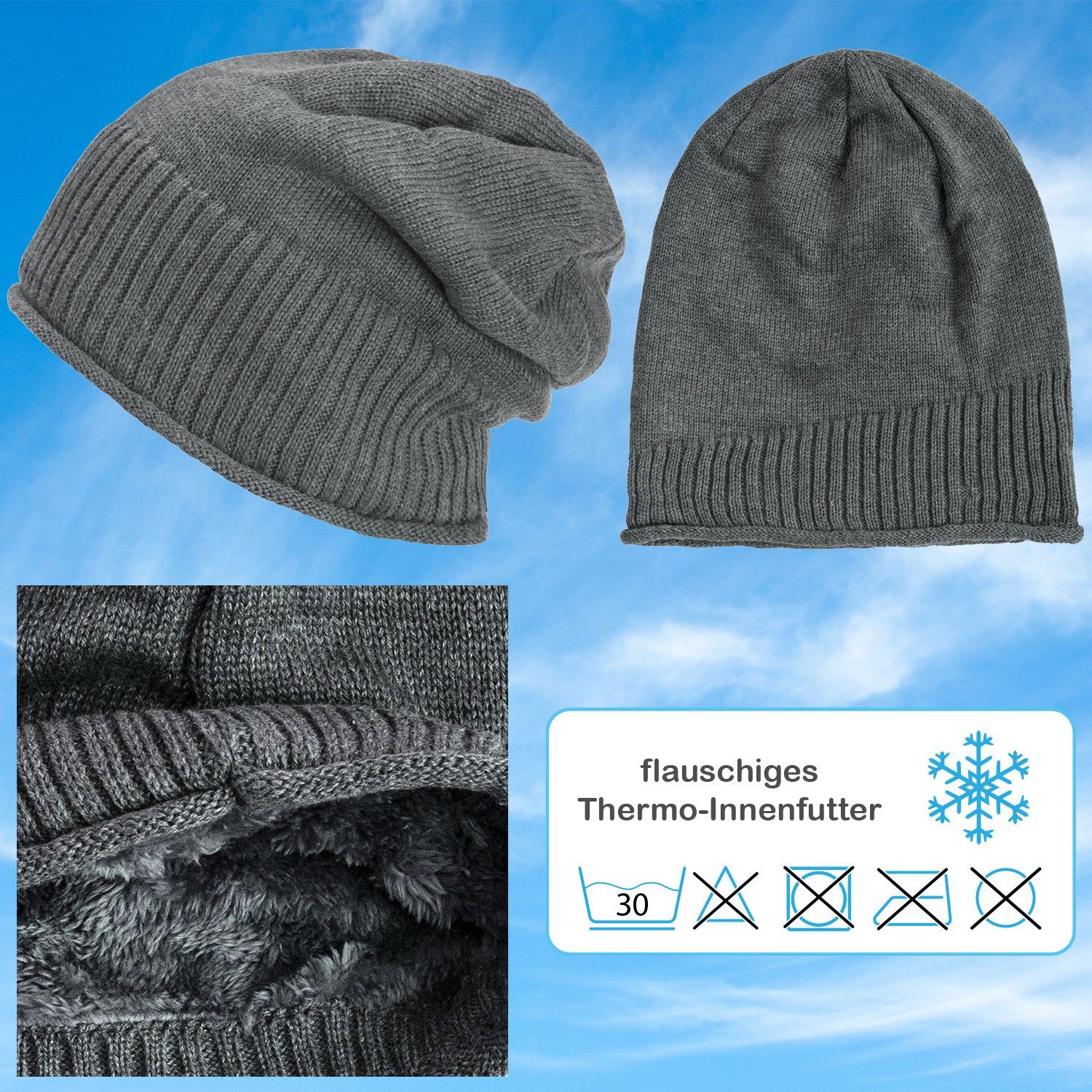 Herren compagno grau Beanie Mütze Strickmütze Damen Strickmütze Gefütterte Haube Wintermütze (1-St)